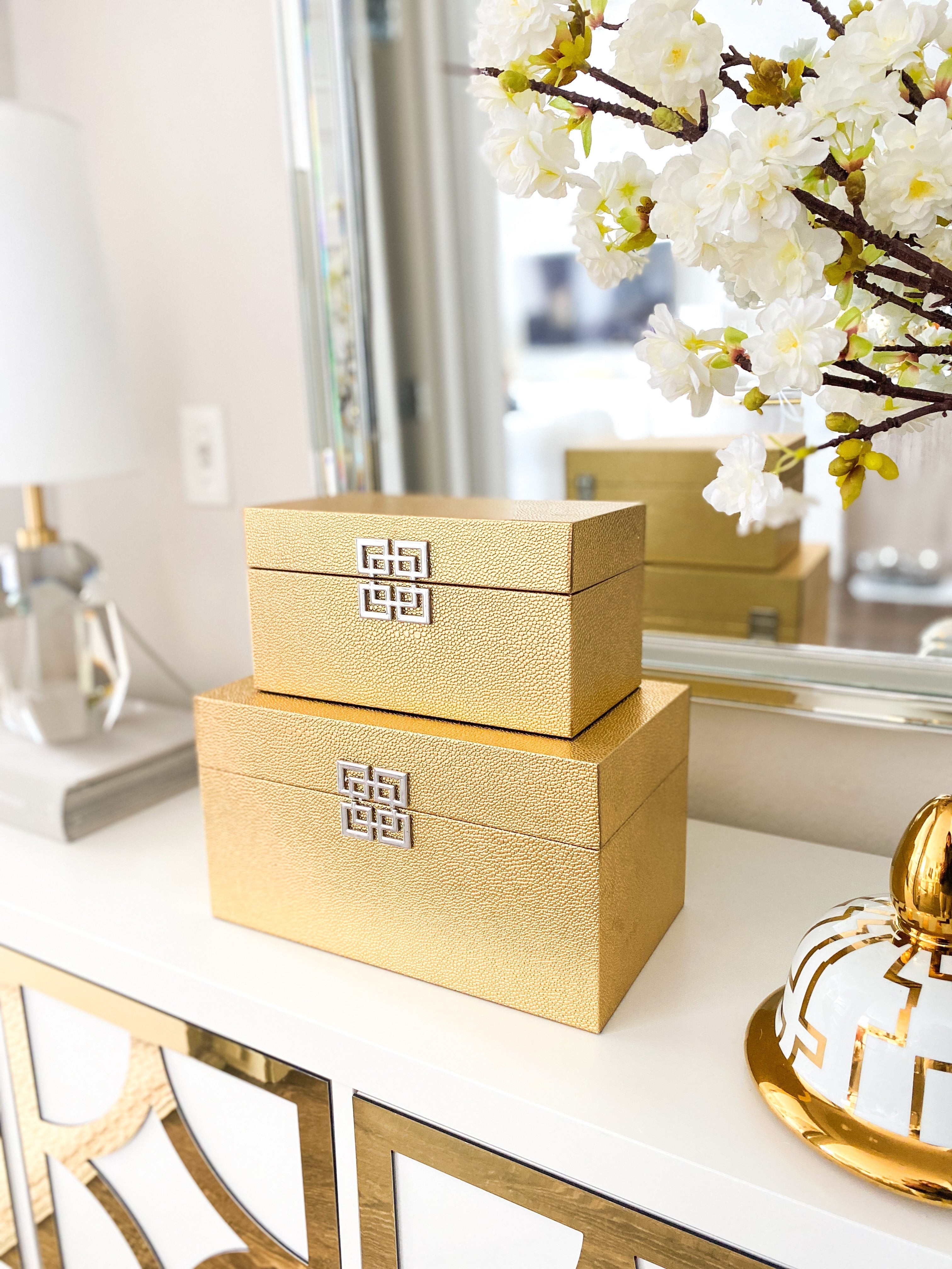 Gold Leather Decorative Boxes ( Set of 2) - HTS HOME DECOR