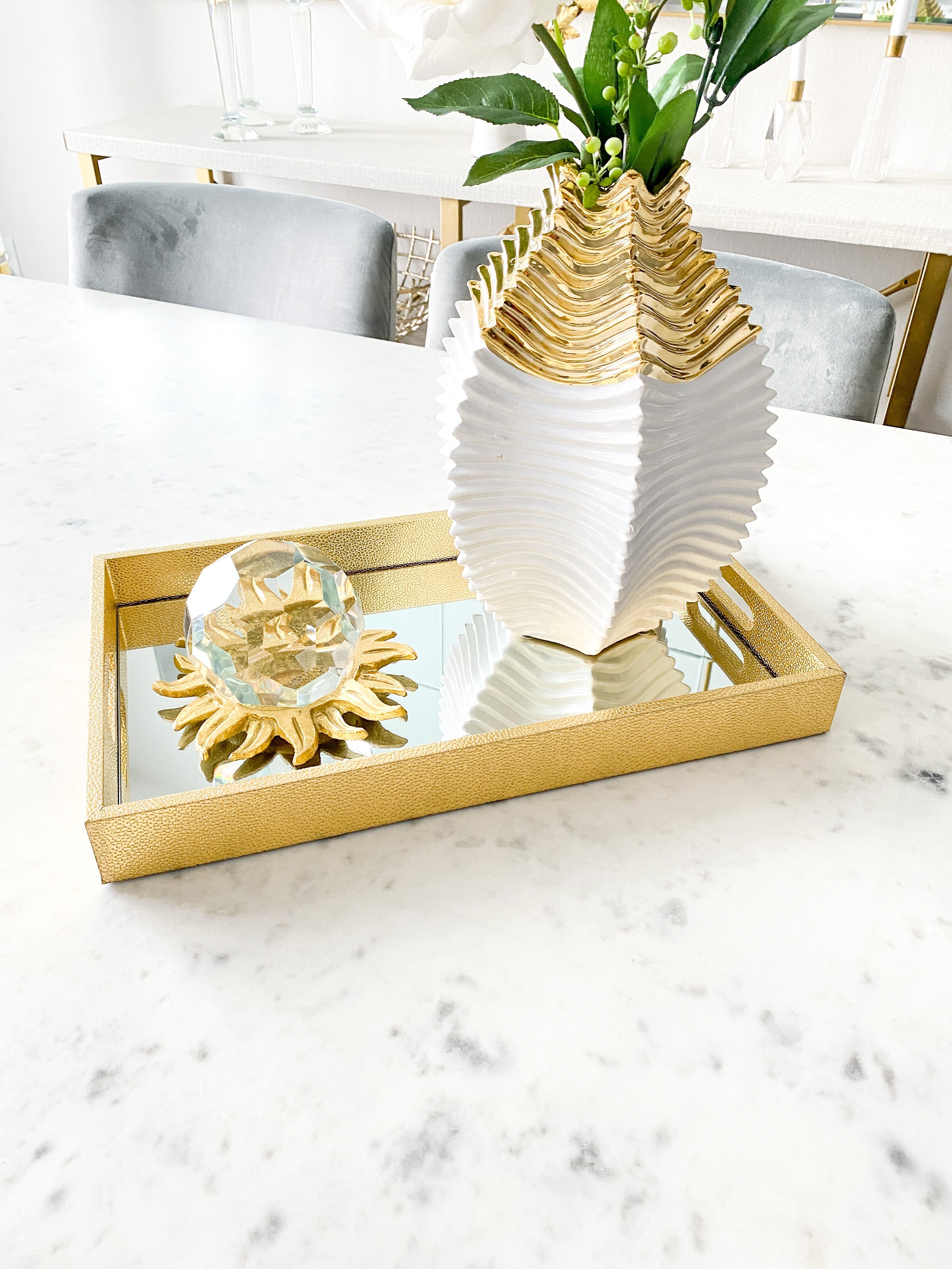 Gold Leather Tray with Mirror Top ( Two Sizes) - HTS HOME DECOR