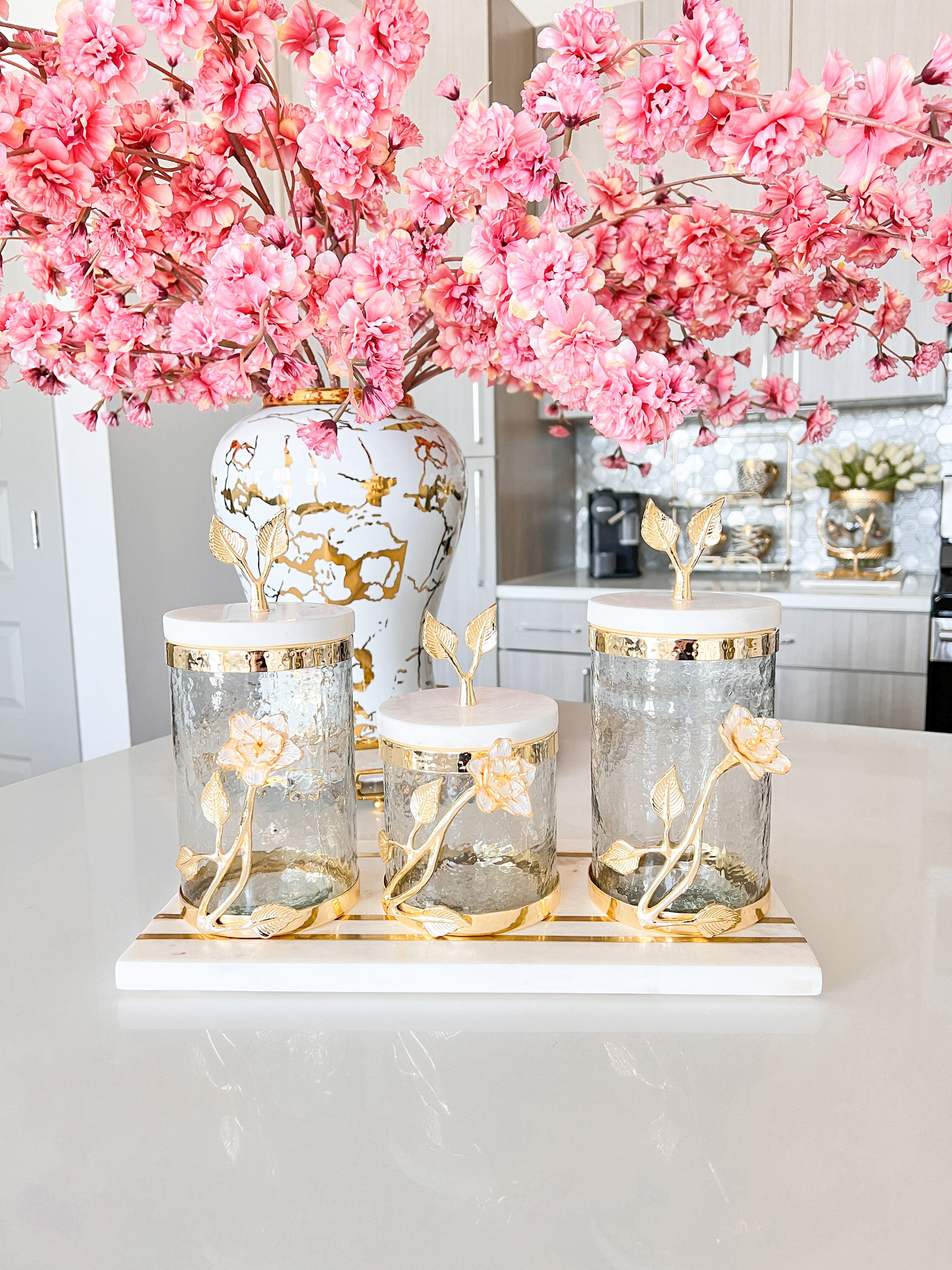 Gold Lilly Canister with Marble Lid - HTS HOME DECOR