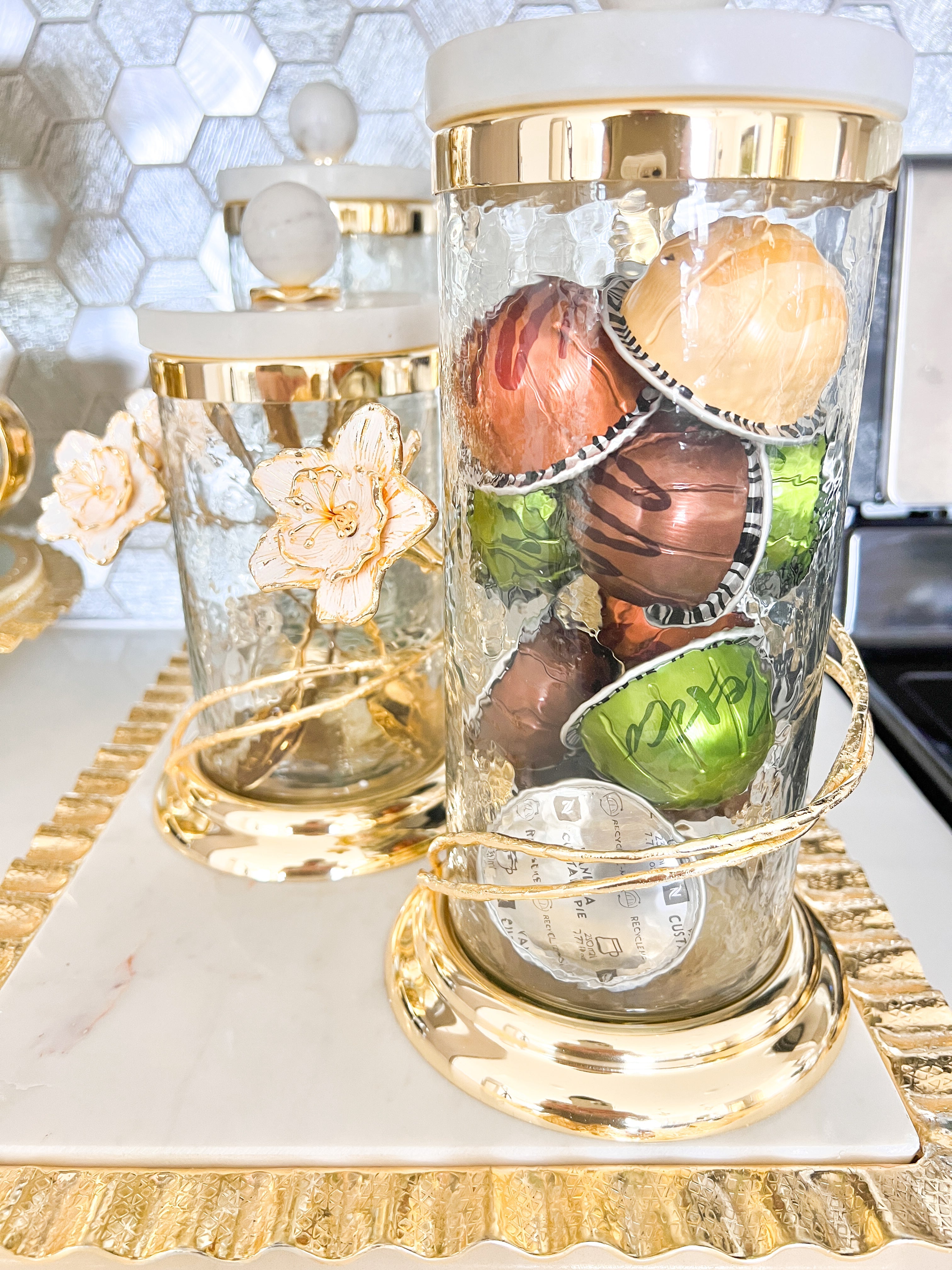 Gold Marble Canister with Wrapped Flower Detail - HTS HOME DECOR