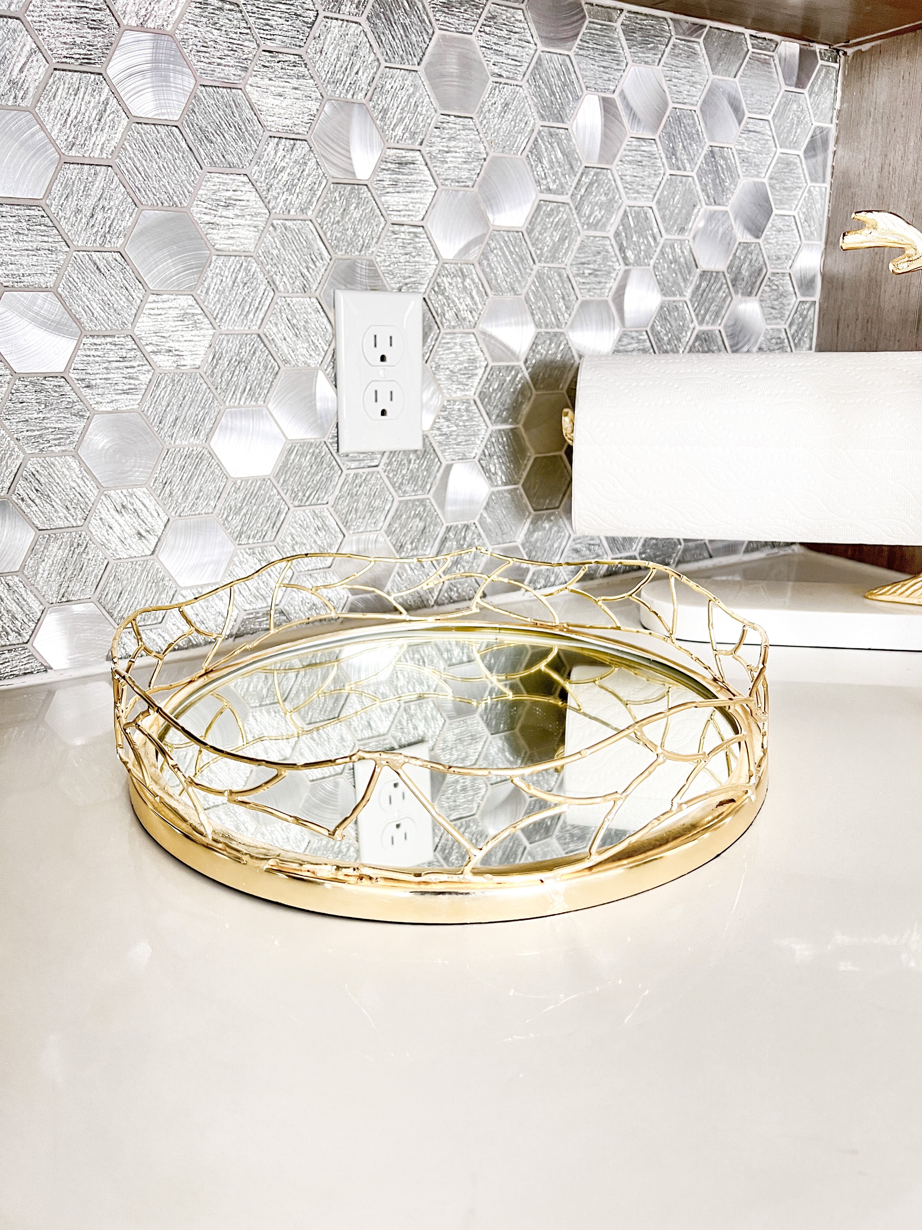 Gold Mesh Round Tray with Mirror Top - HTS HOME DECOR
