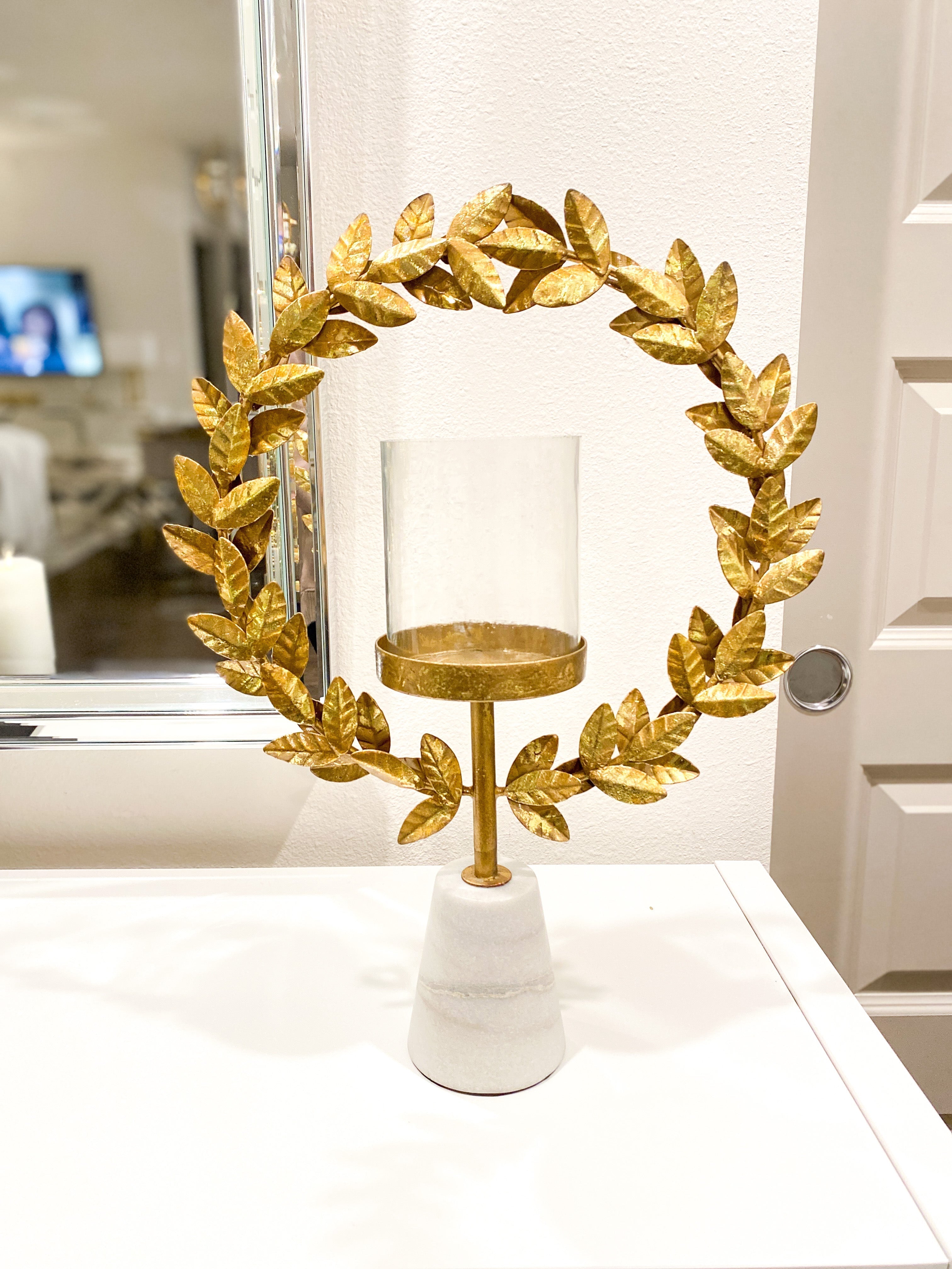Gold Metal Wreath Hurricane with Marble Stand - HTS HOME DECOR