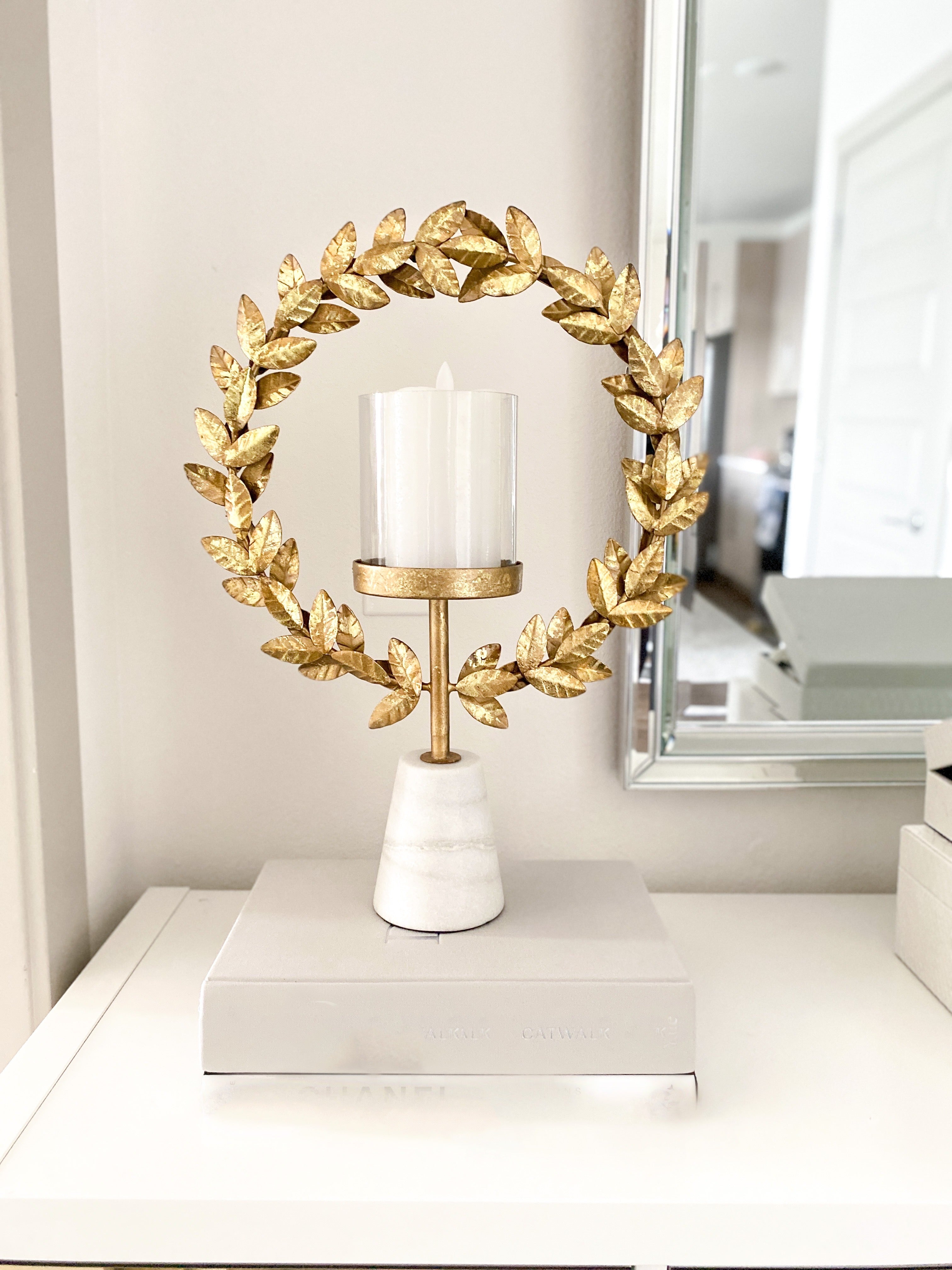 Gold Metal Wreath Hurricane with Marble Stand - HTS HOME DECOR