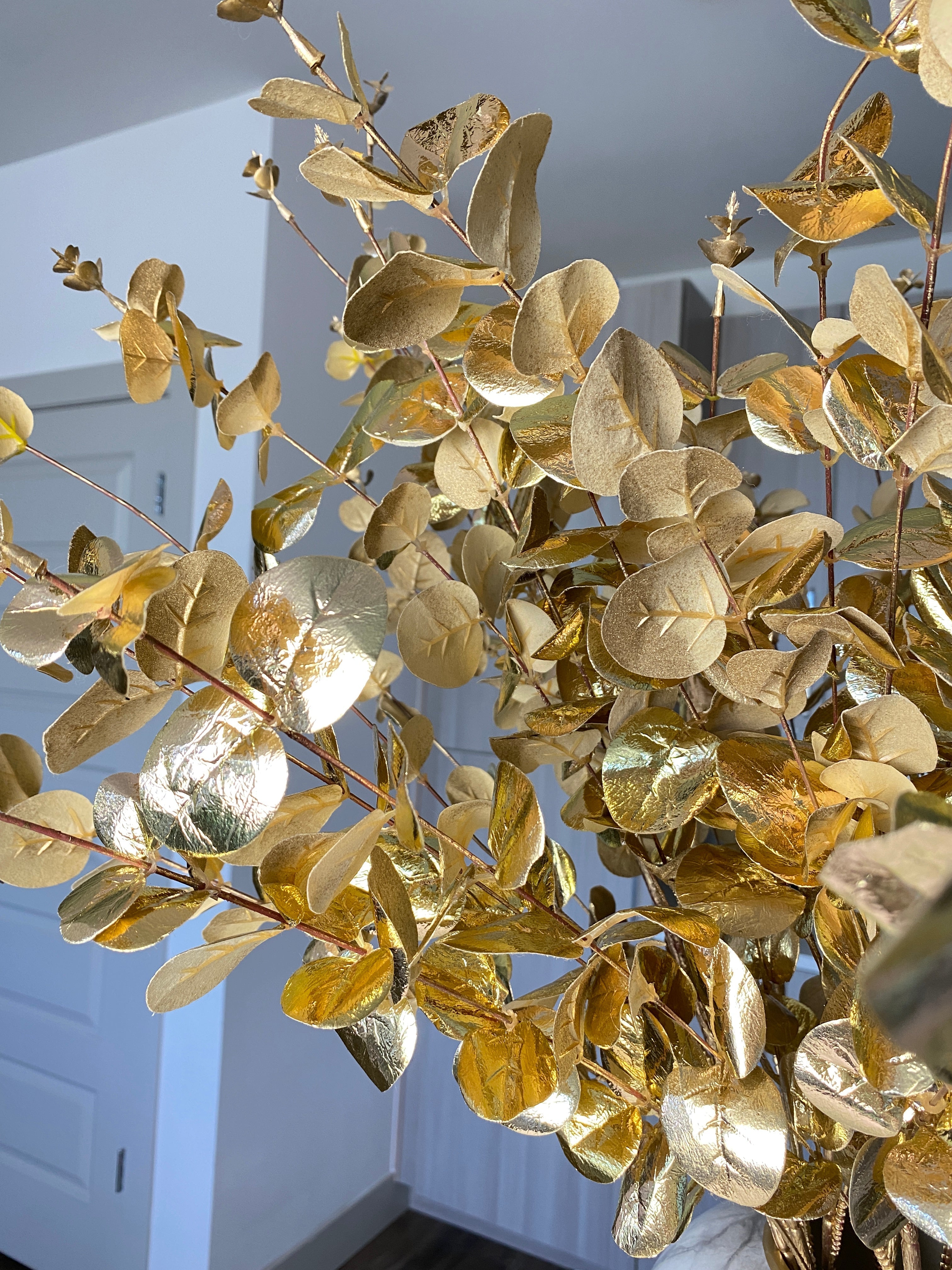Gold Metallic Eucalyptus Leaf Stem ( Pack of 3 Stems) - HTS HOME DECOR