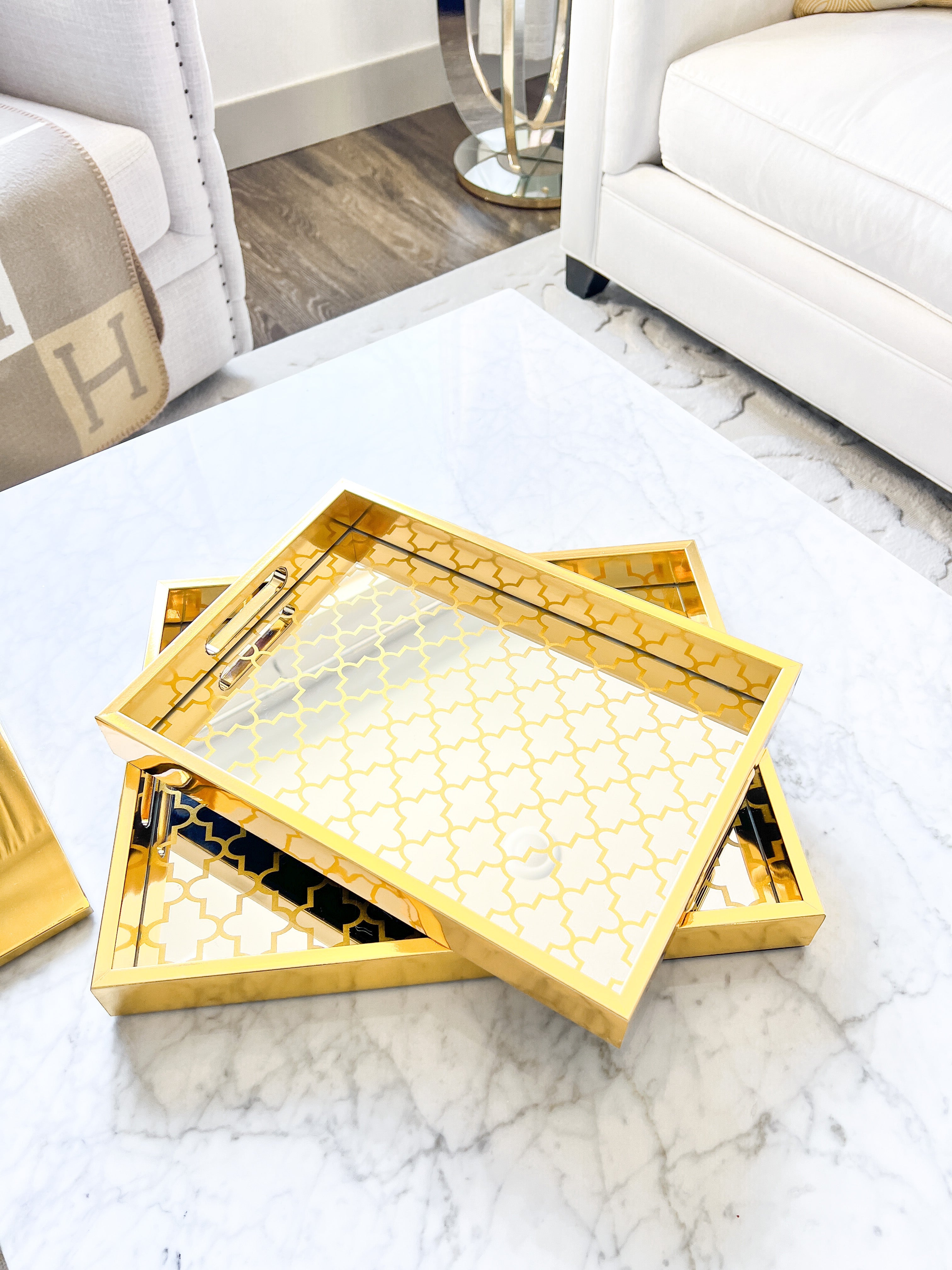 Gold Mirrored Top Tray (Set of 2) - HTS HOME DECOR