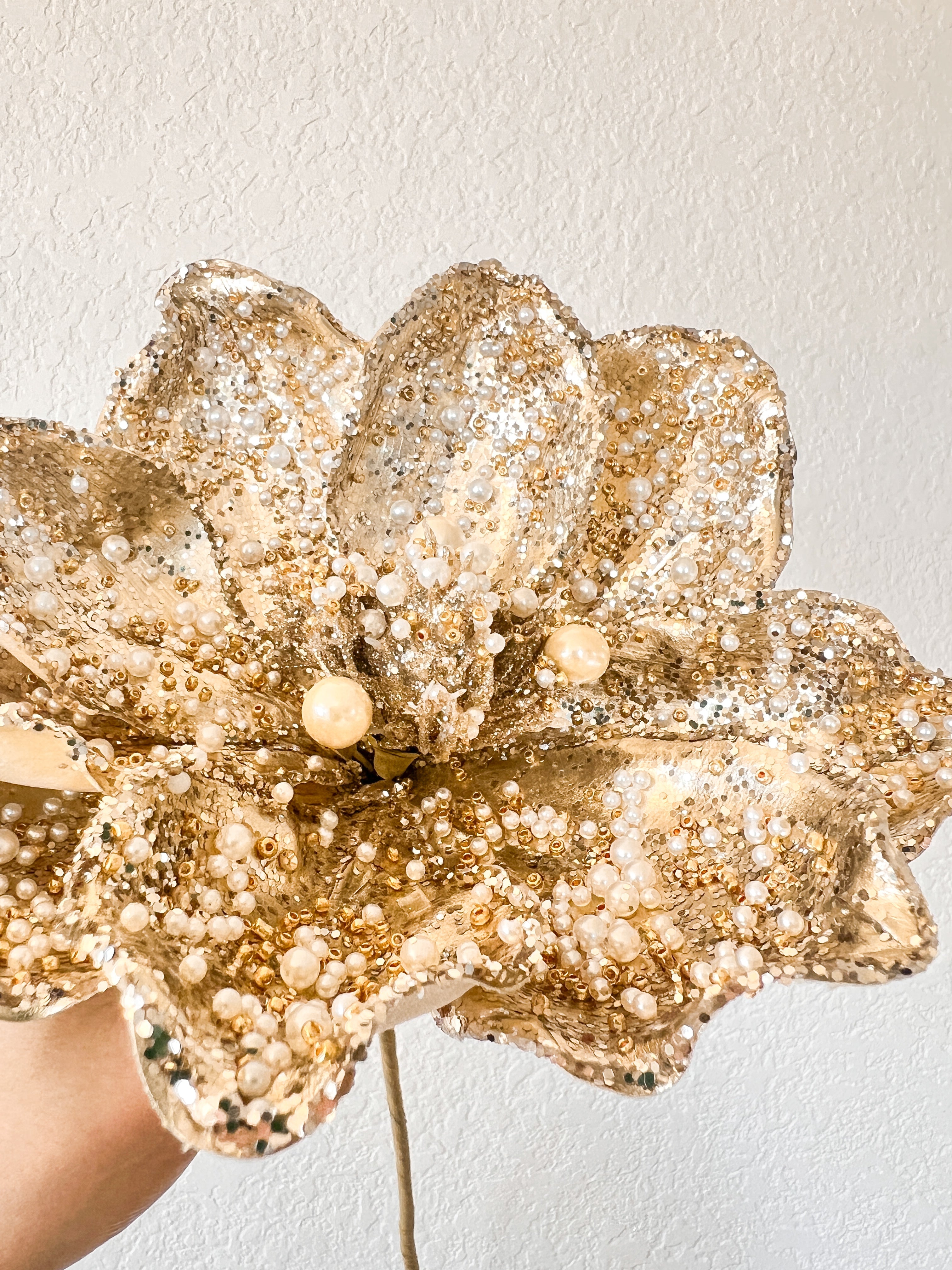 Gold Pearl Beaded Magnolia Stem - HTS HOME DECOR