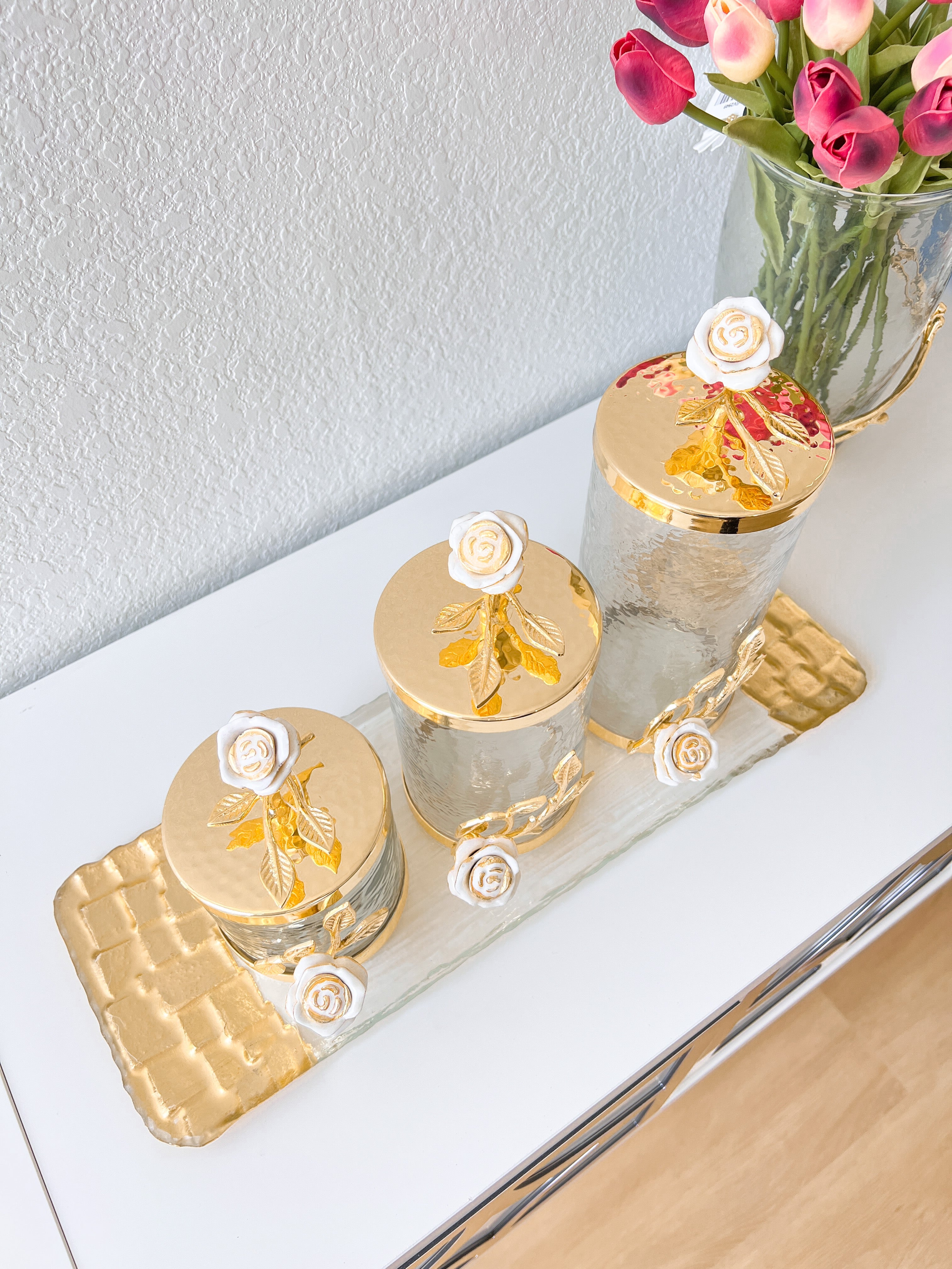 Gold Rose Flower Canisters (Set of 3) - HTS HOME DECOR