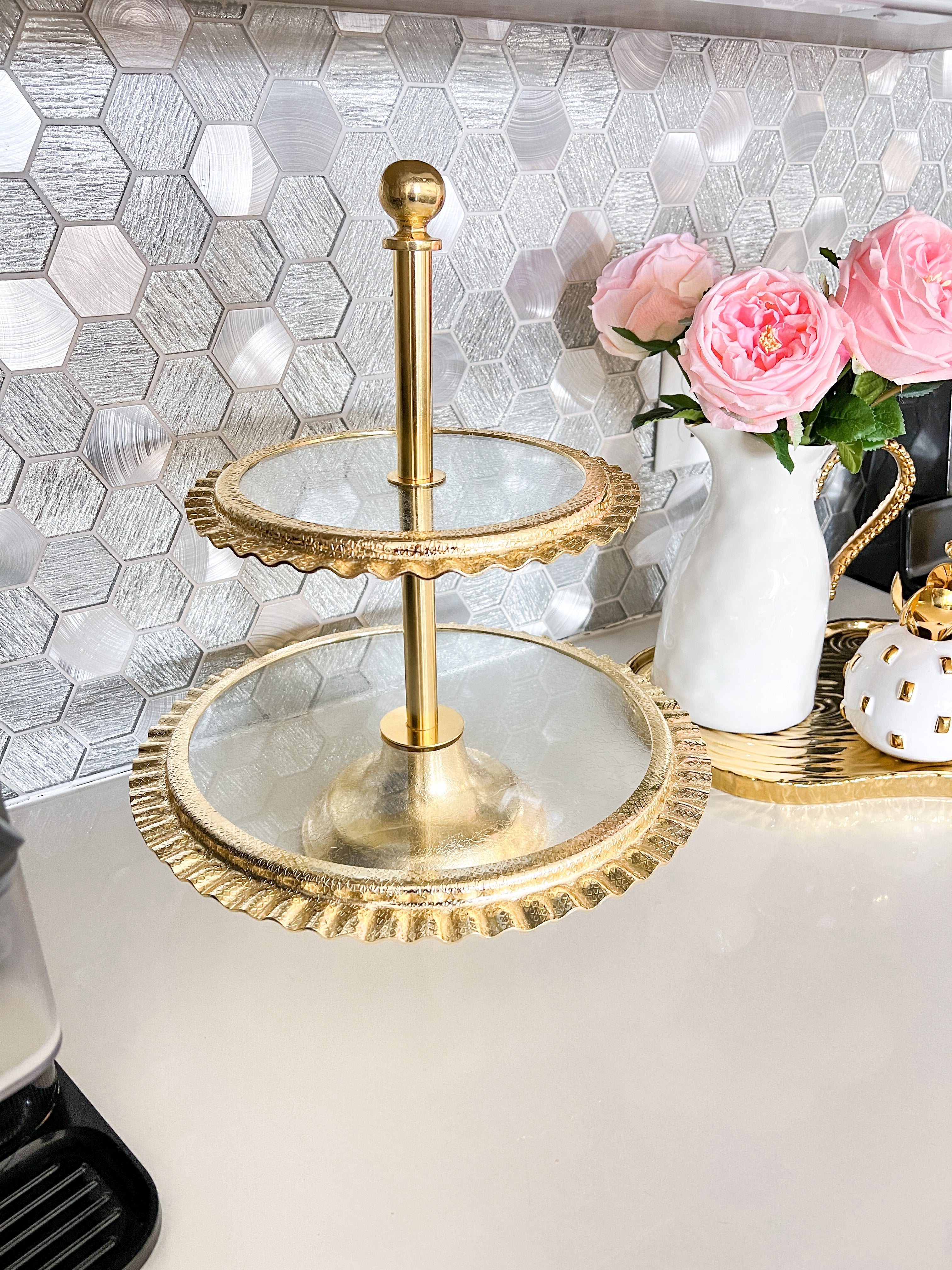 Gold Ruffled Glass 2 Tier Stand - HTS HOME DECOR