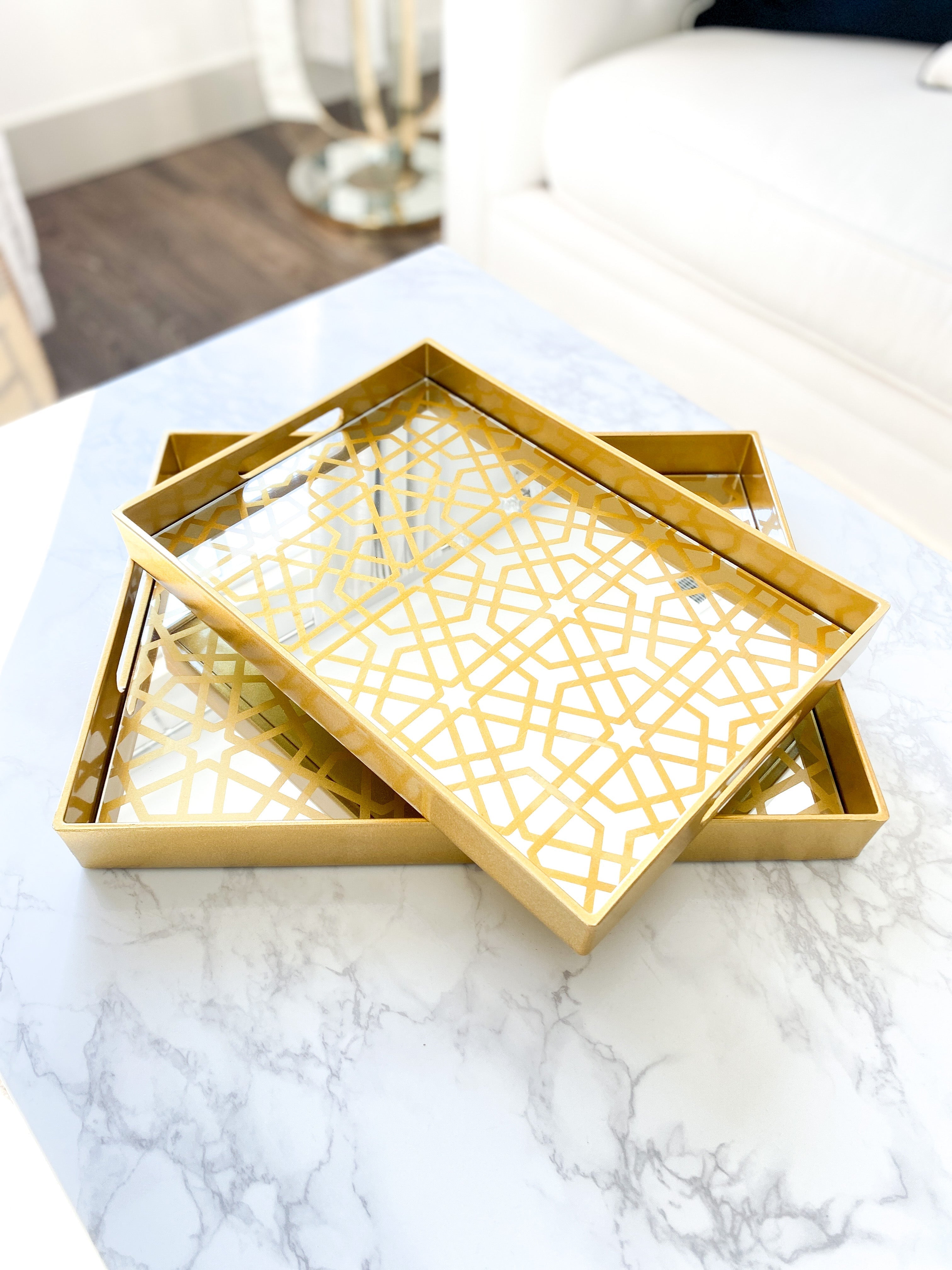 Gold Tray with Mirror Top (Set of 2) - HTS HOME DECOR