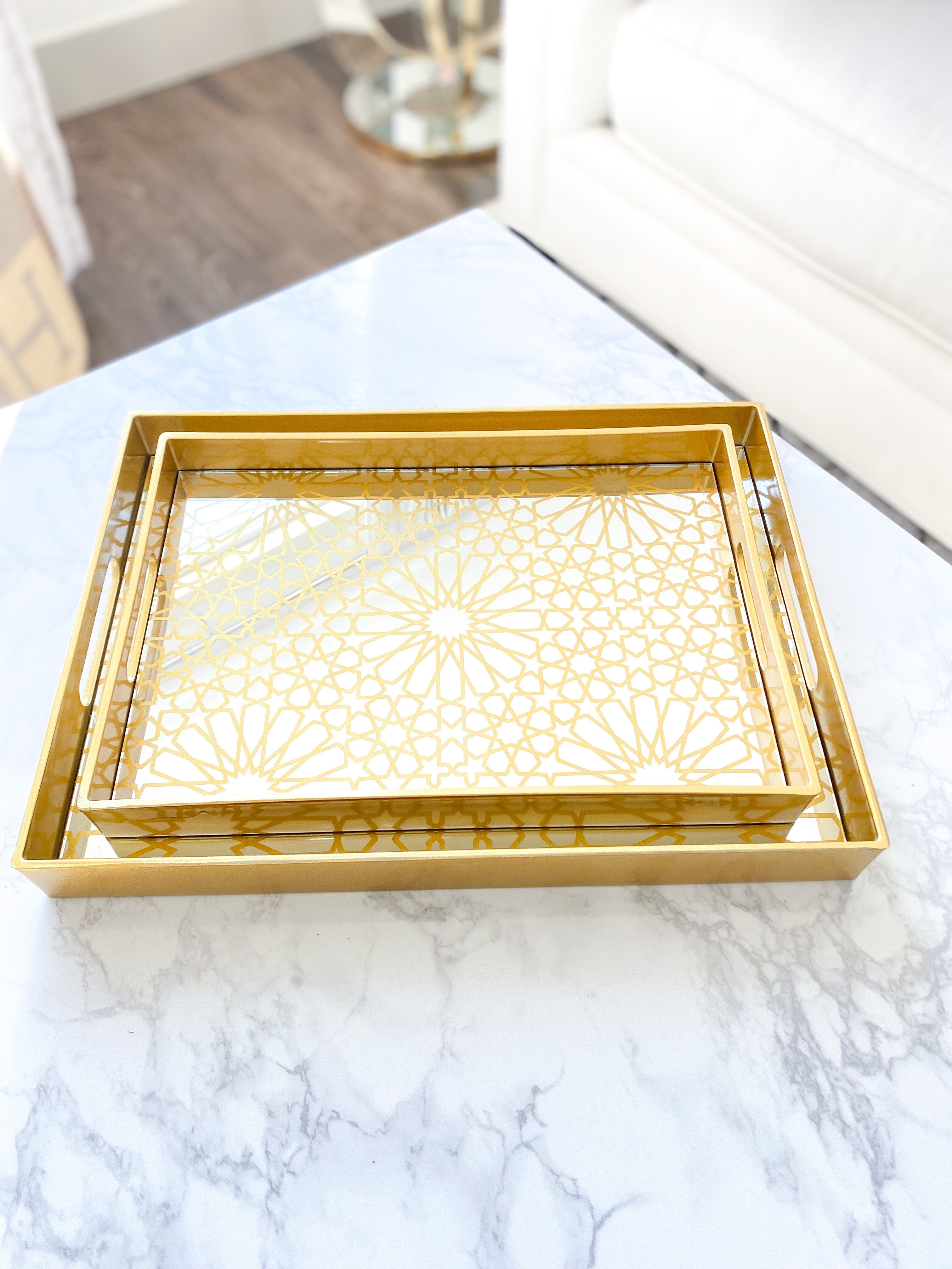 Gold Tray with Mosaic Pattern Mirrored Top (Set of 2) - HTS HOME DECOR
