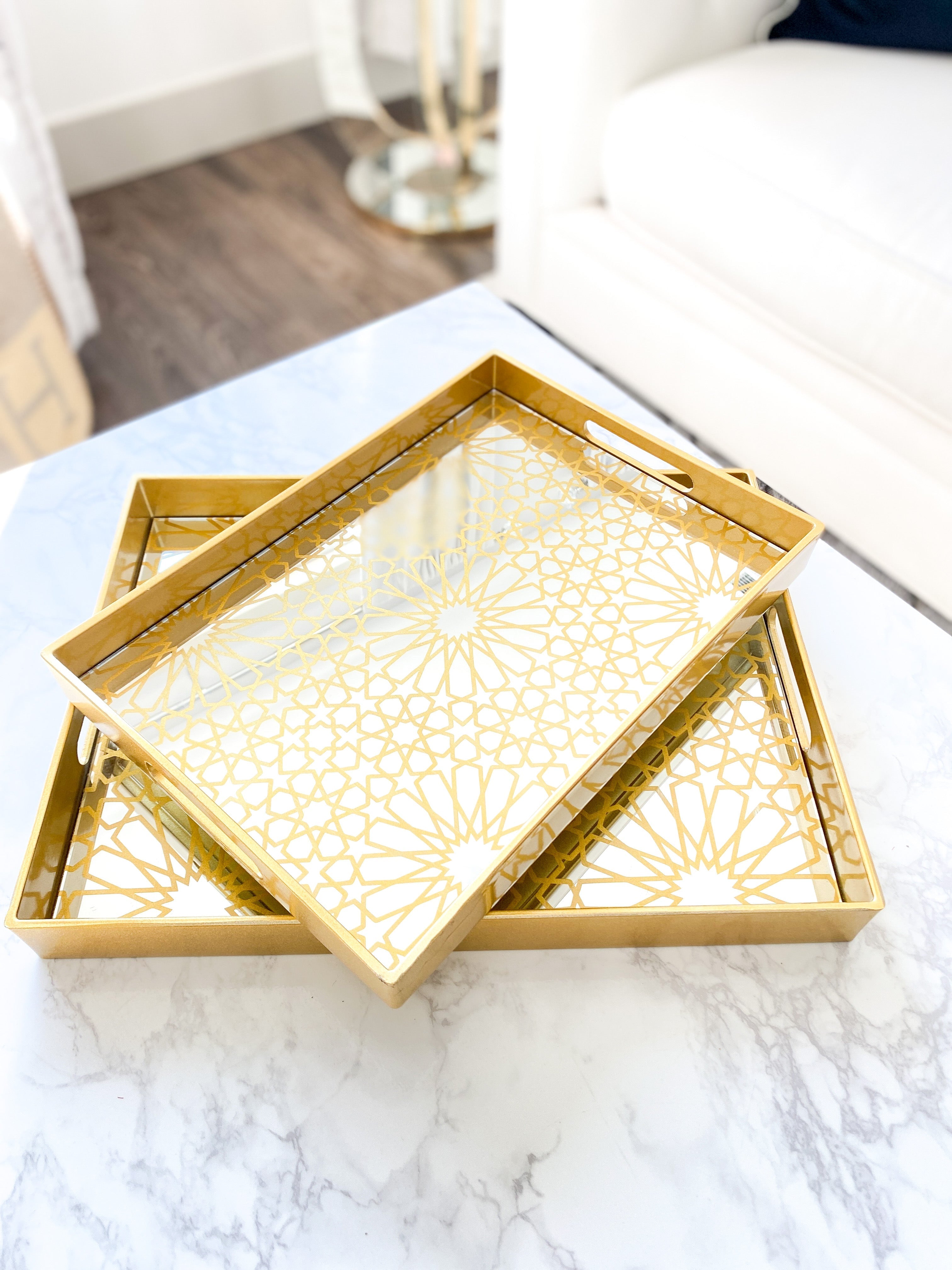 Gold Tray with Mosaic Pattern Mirrored Top (Set of 2) - HTS HOME DECOR