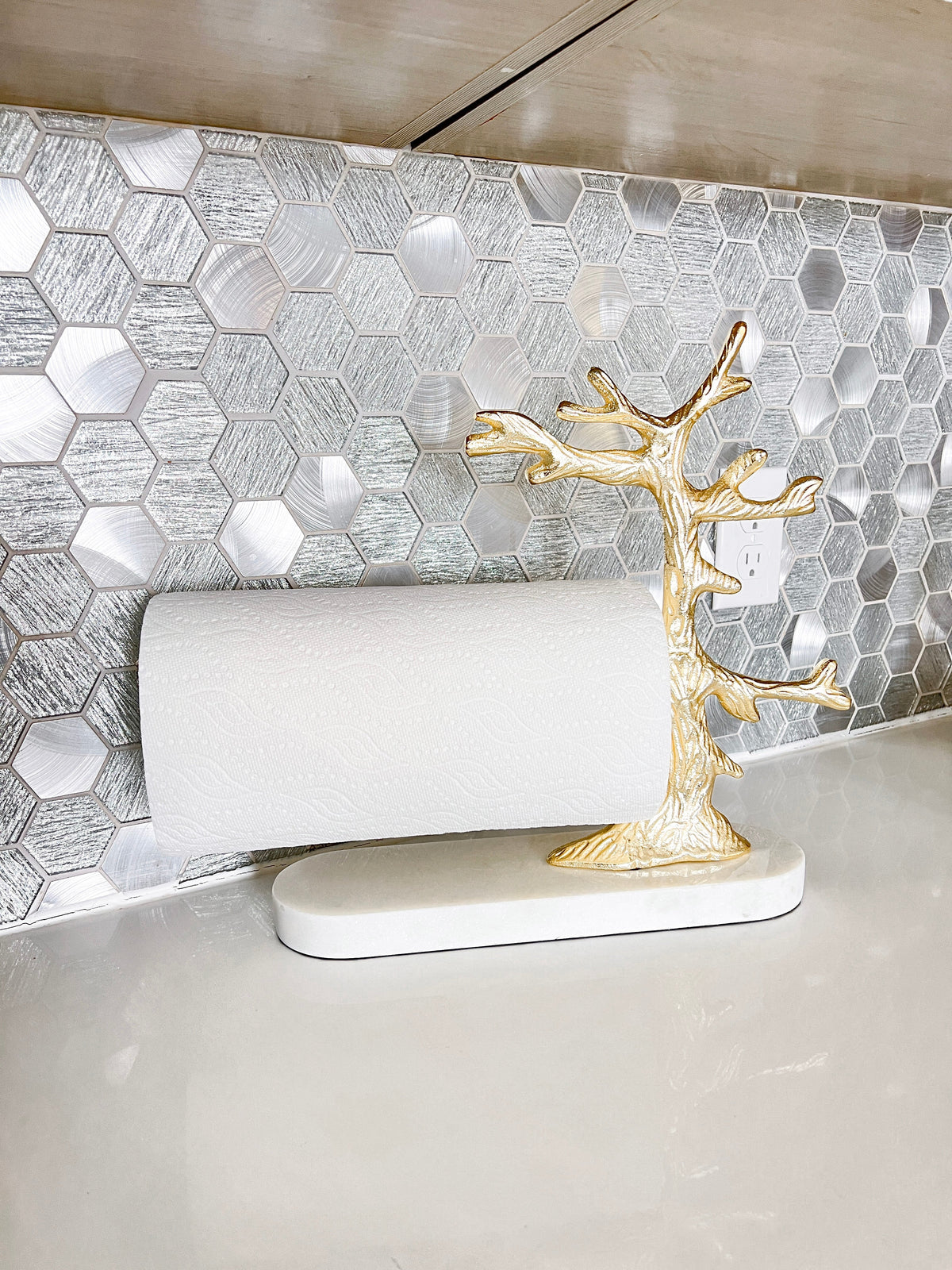 Kitchen Paper Towel Holder - Gold Tree Design with Marble Base