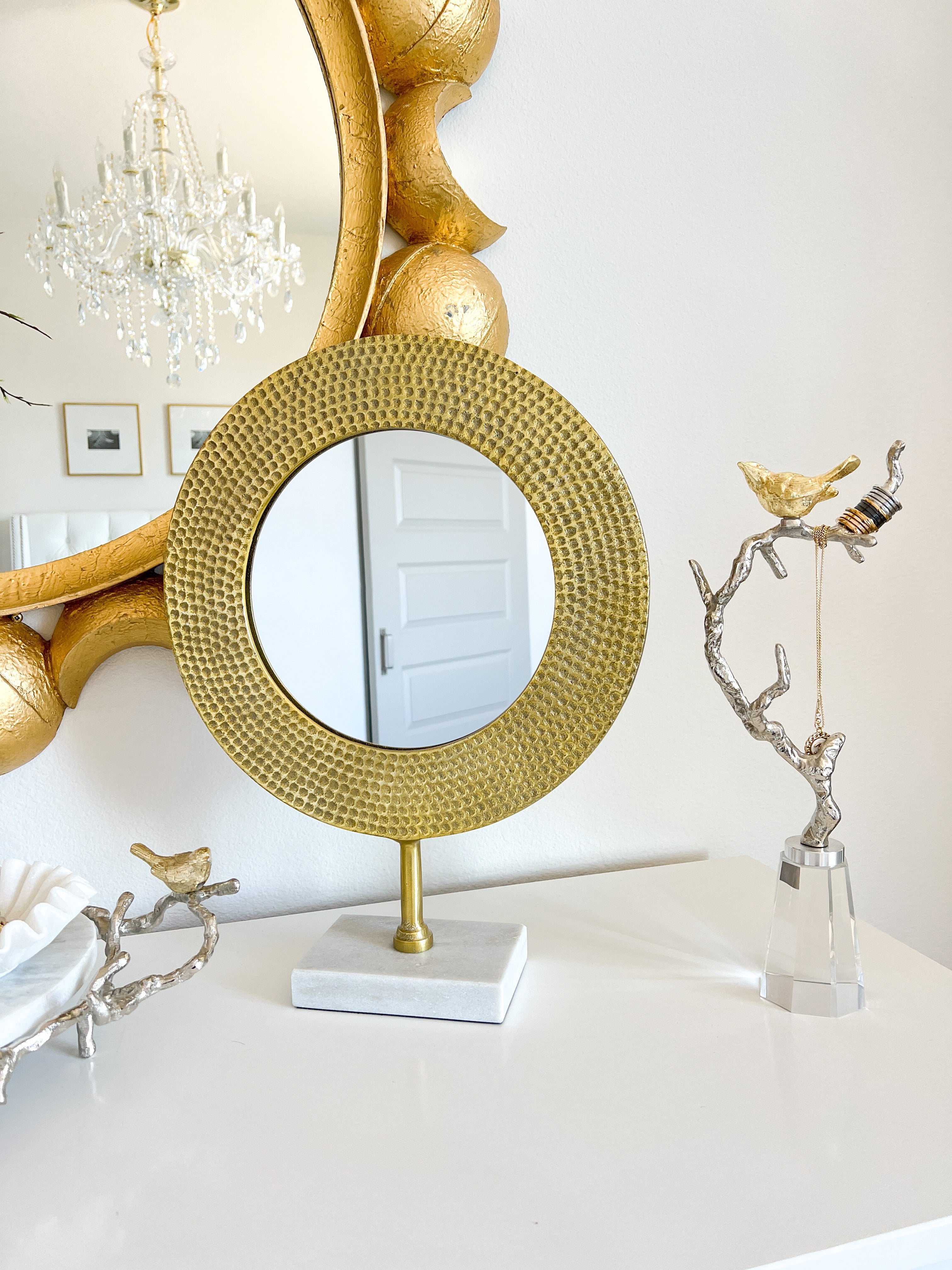 Gold Vanity Mirror with Marble Stand - HTS HOME DECOR