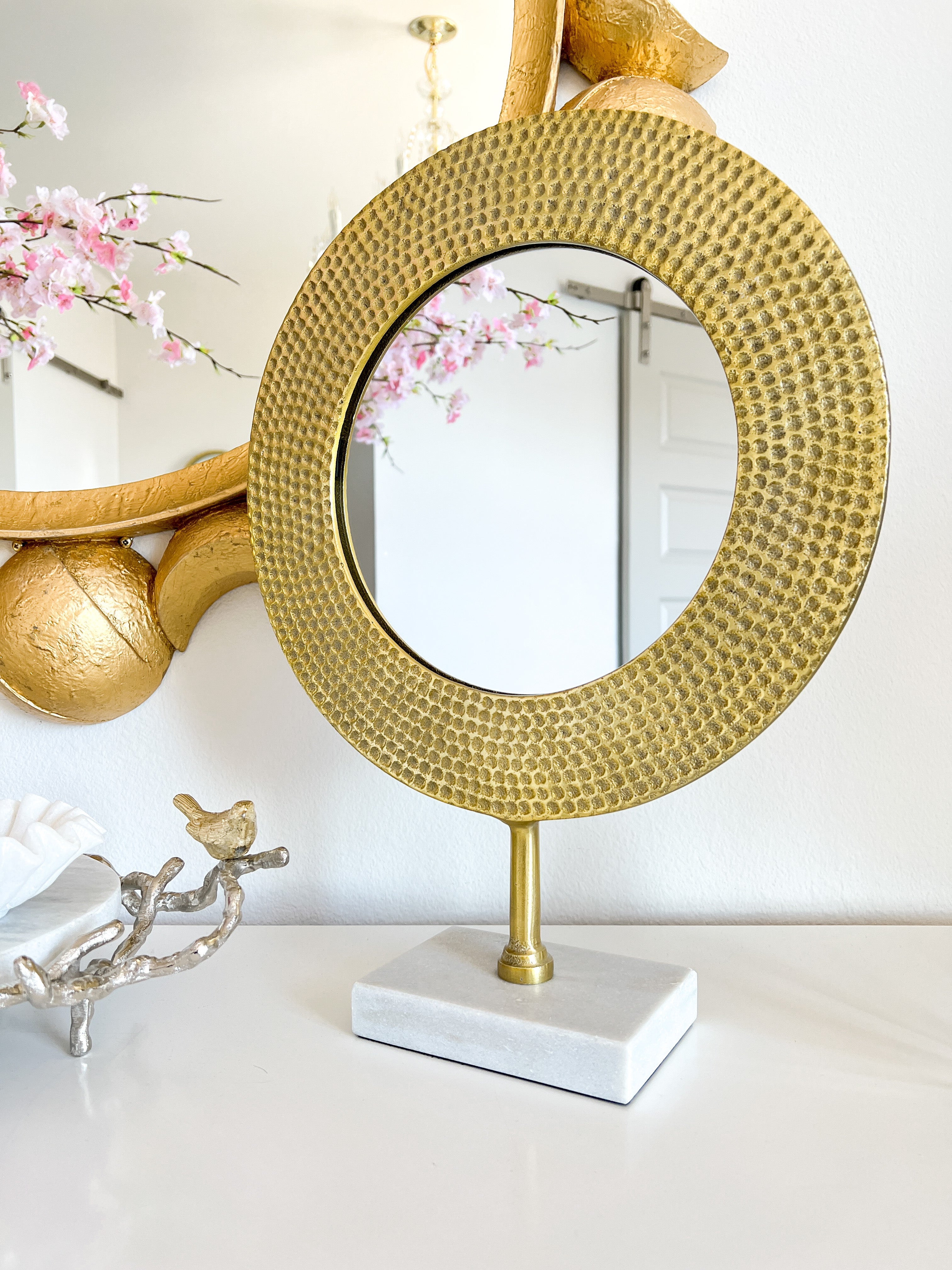 Gold Vanity Mirror with Marble Stand - HTS HOME DECOR