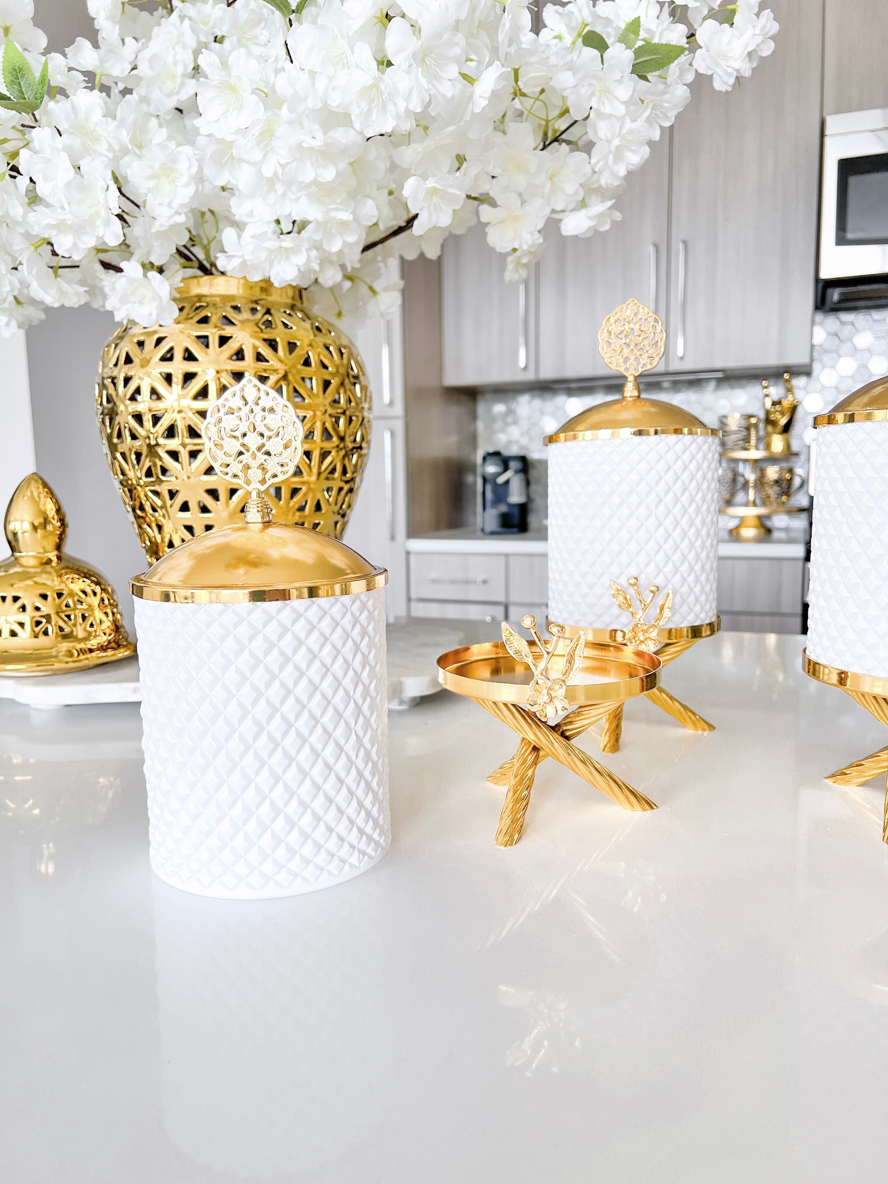 Gold & White Glass Canister ( Set of 3) - HTS HOME DECOR