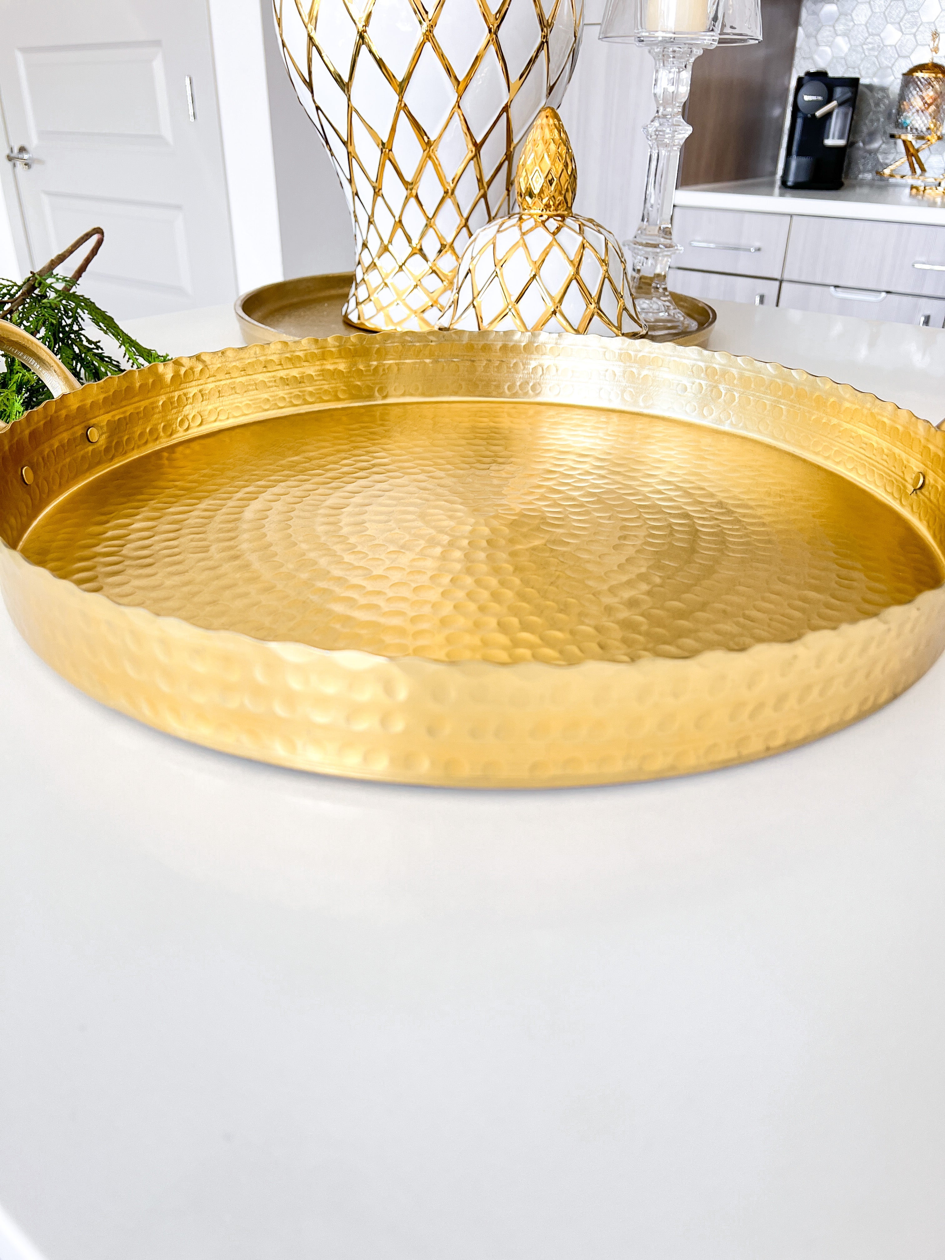 Large Gold Round Hammered Tray - HTS HOME DECOR
