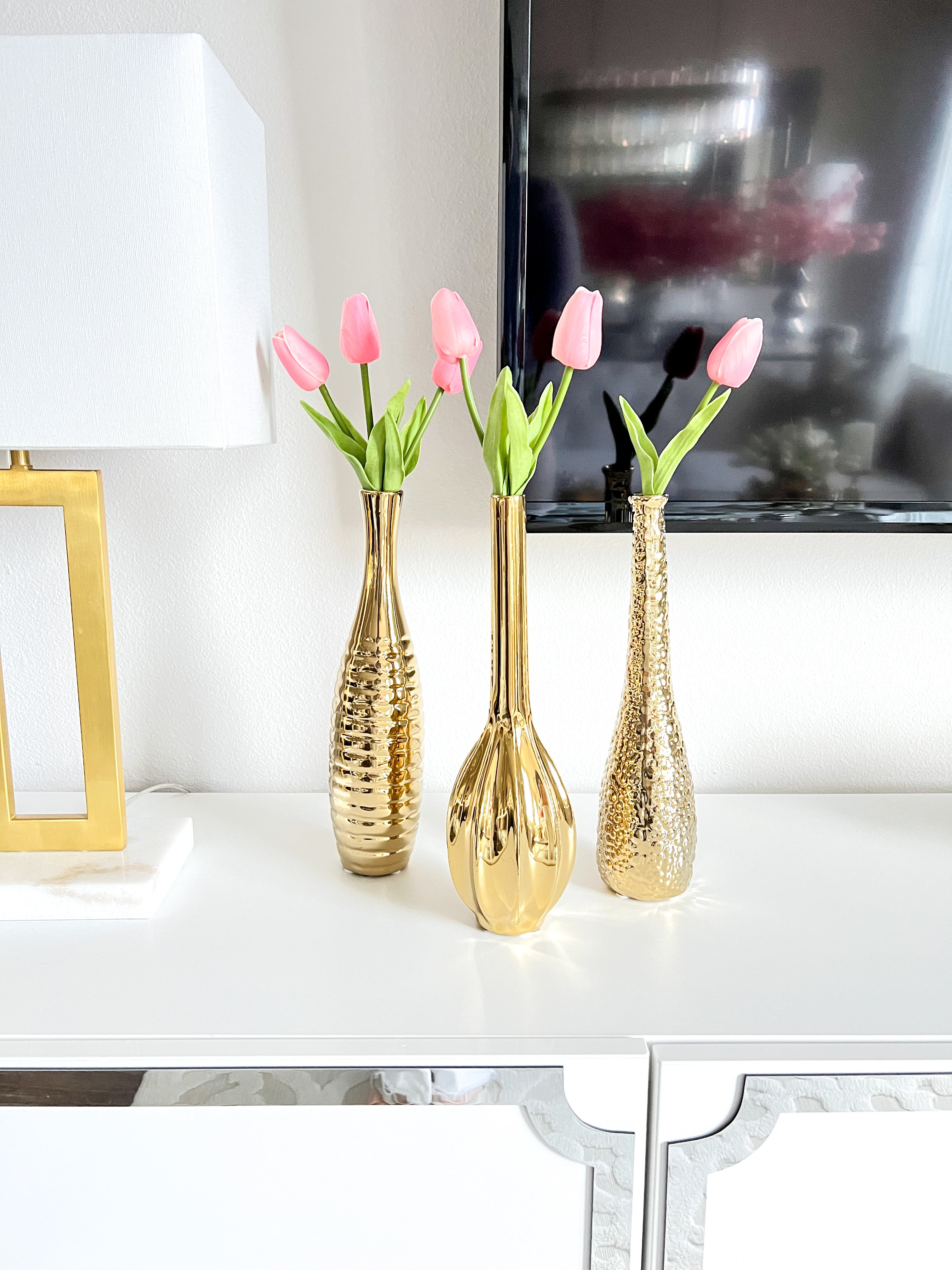 Long Gold Tulip Vases ( Set of 3) - HTS HOME DECOR