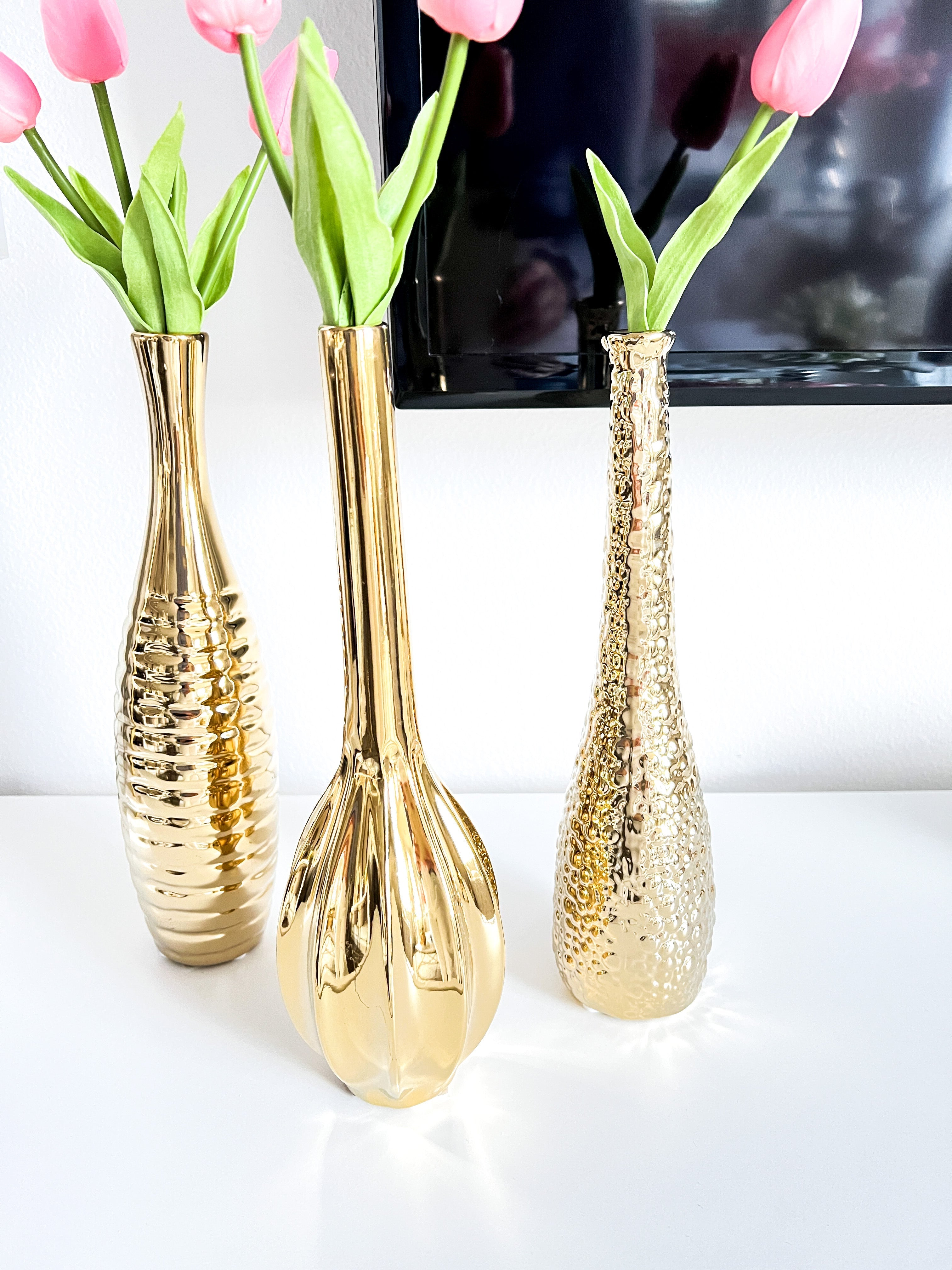 Long Gold Tulip Vases ( Set of 3) - HTS HOME DECOR