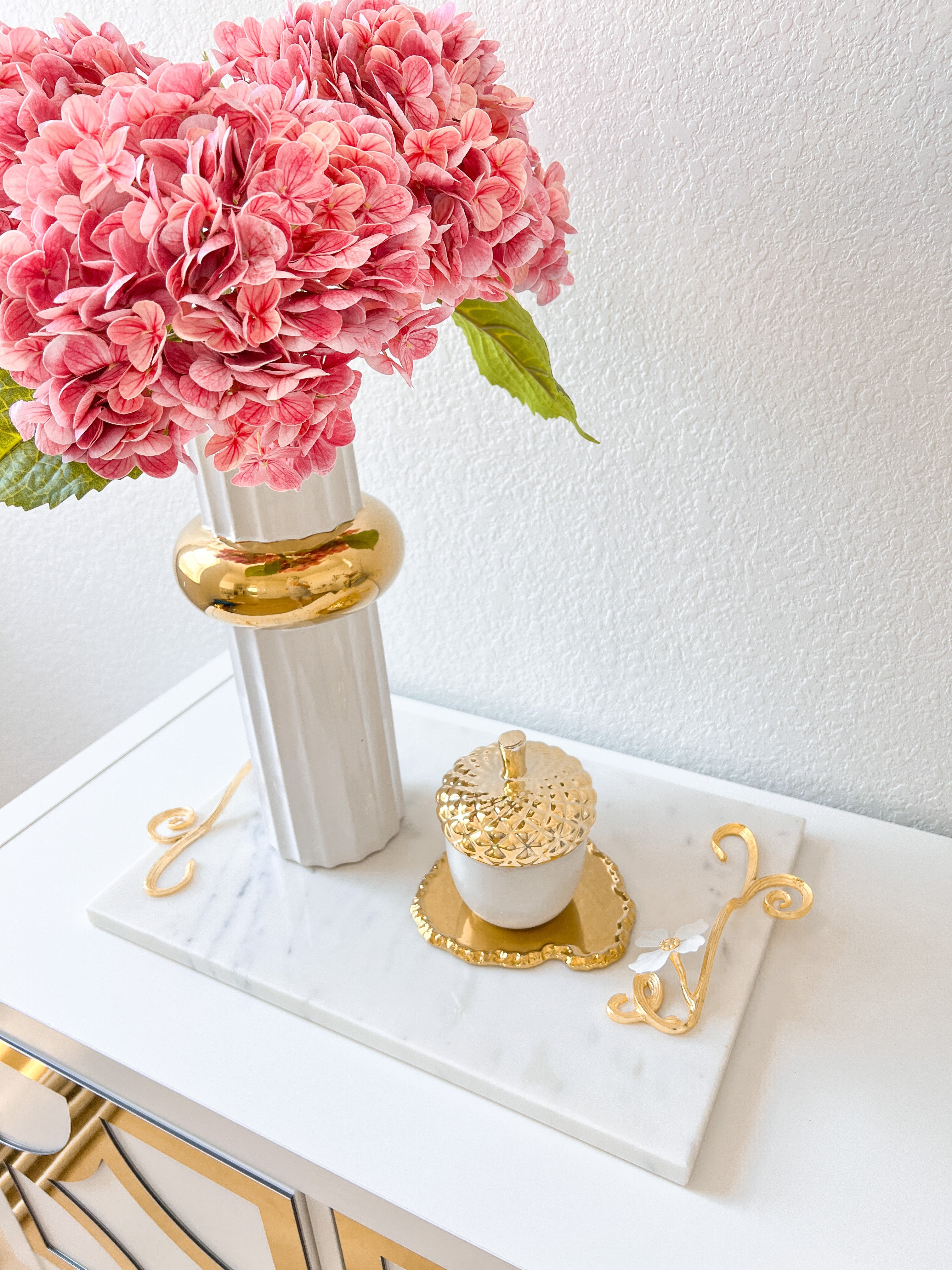 Marble Decorative Tray with Gold Jasmine Handles - HTS HOME DECOR