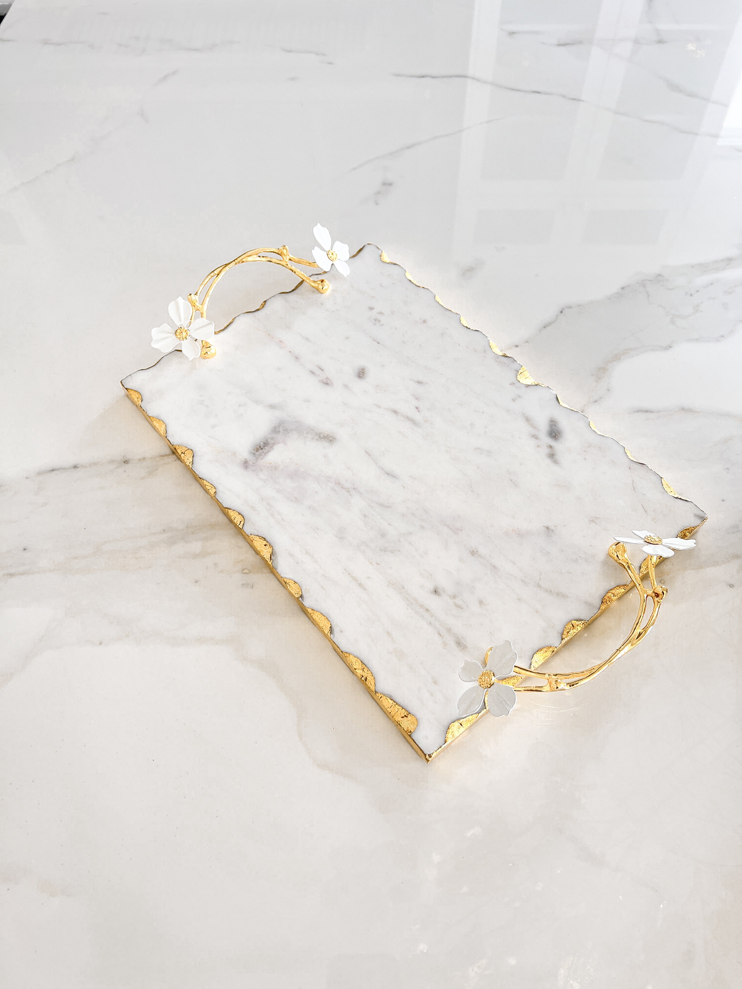 Marble Rectangle Tray with Gold Jasmine Flower - HTS HOME DECOR