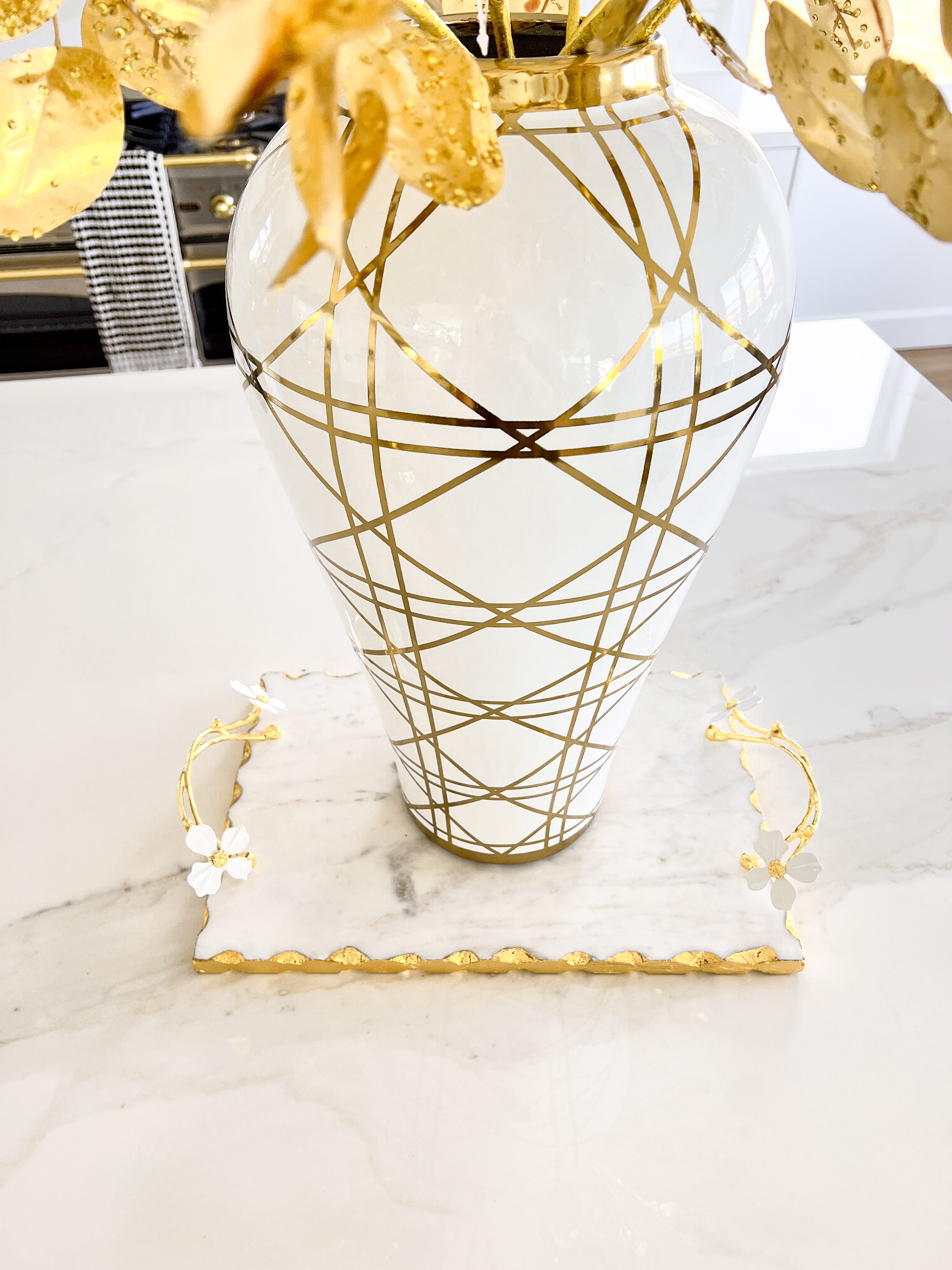 Marble Rectangle Tray with Gold Jasmine Flower - HTS HOME DECOR