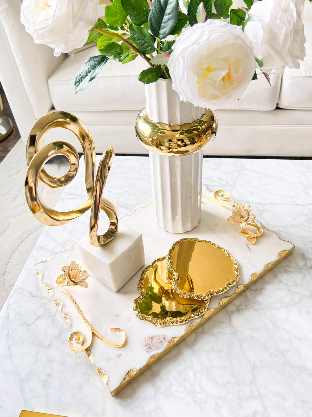 Marble Tray with Gold Floral Handles HTS HOME DECOR