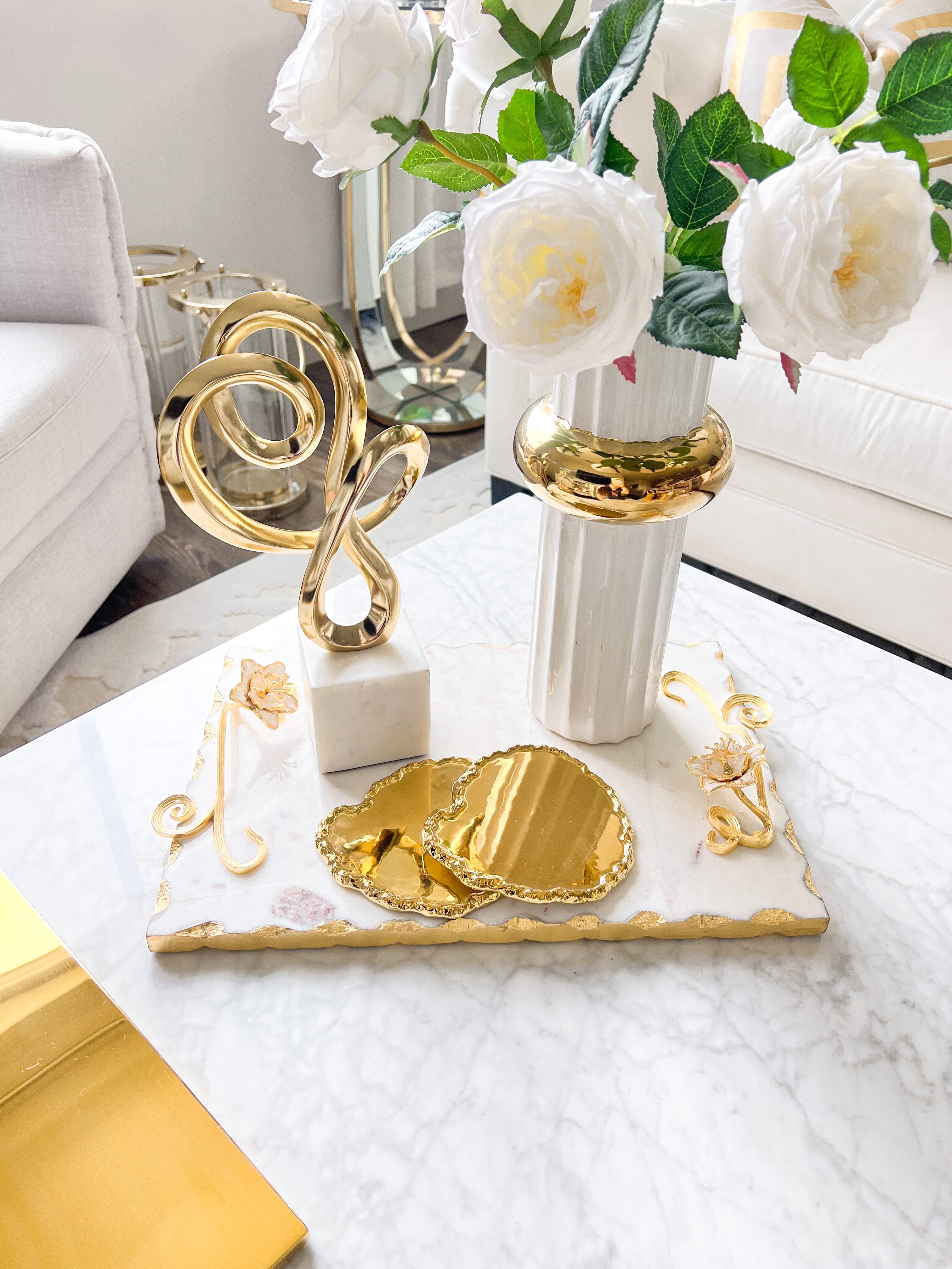 Marble Tray with Gold Floral Handles - HTS HOME DECOR