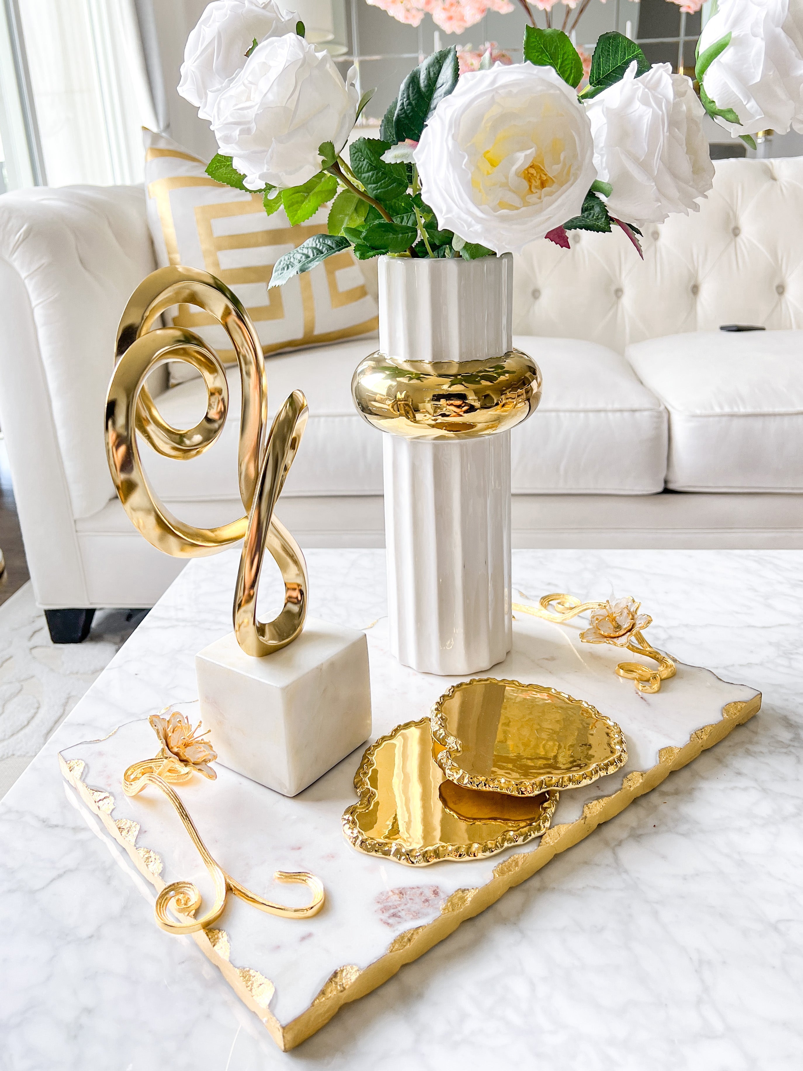 Marble Tray with Gold Floral Handles | HTS HOME DECOR