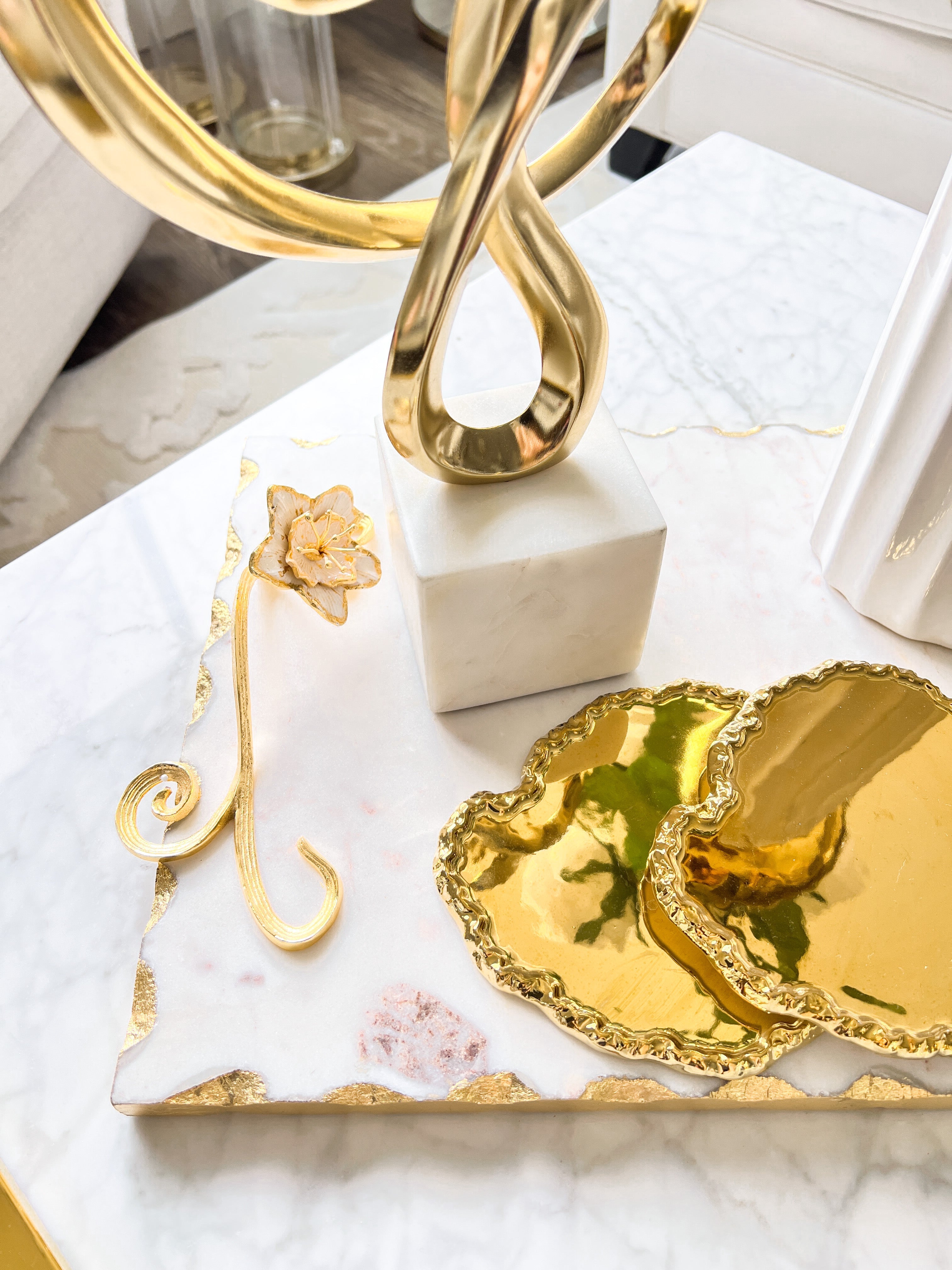 Marble Tray with Gold Floral Handles - HTS HOME DECOR
