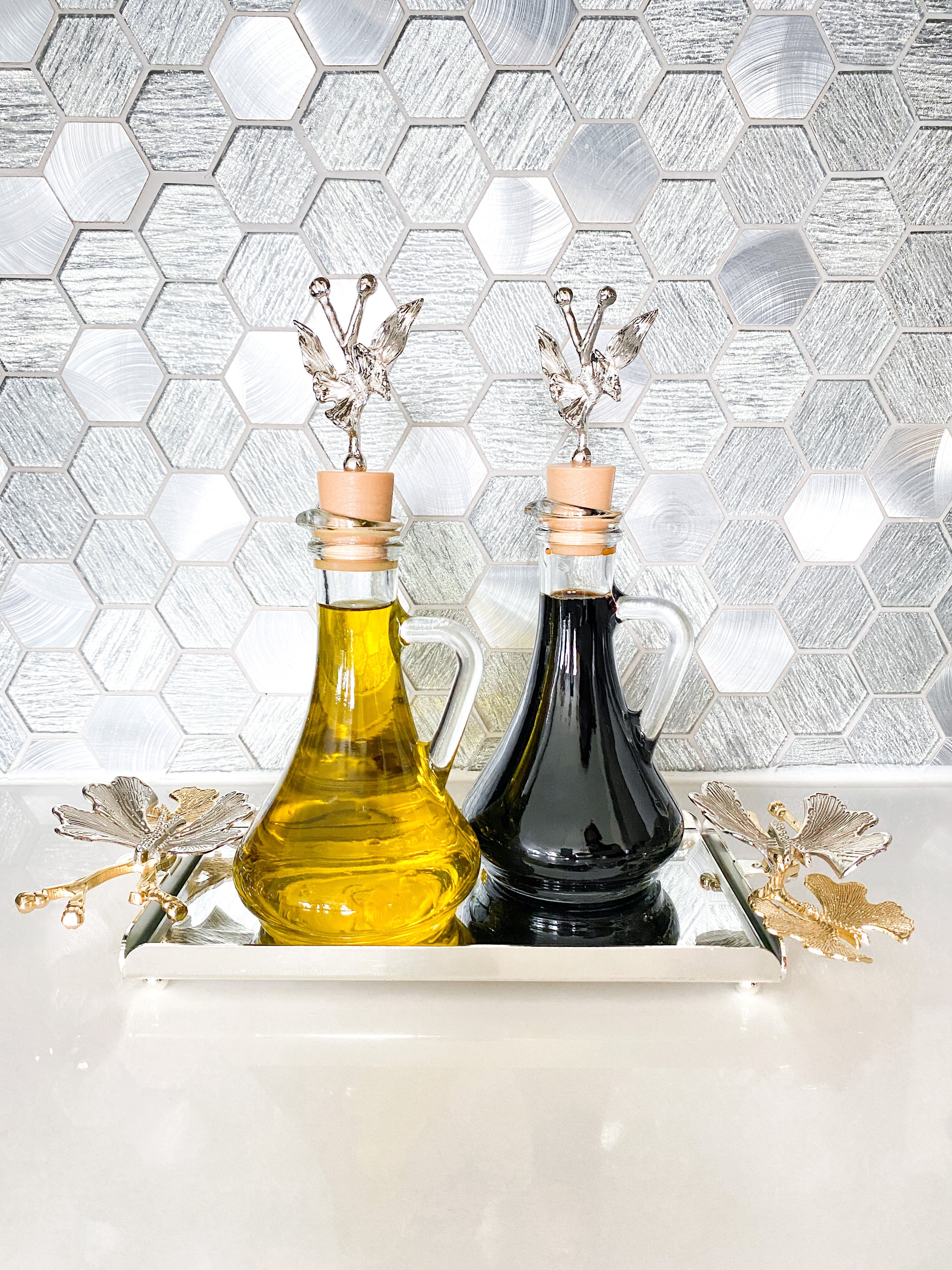 Olive Oil Bottle Dispenser with Silver & Gold Butterfly Details - HTS HOME DECOR