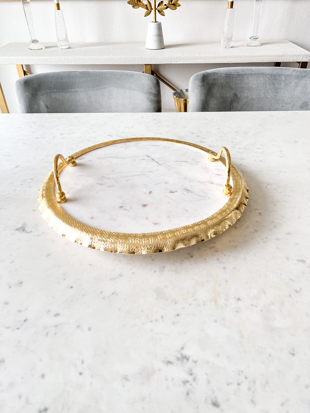 Round Marble Tray with Gold Hammered Details HTS HOME DECOR