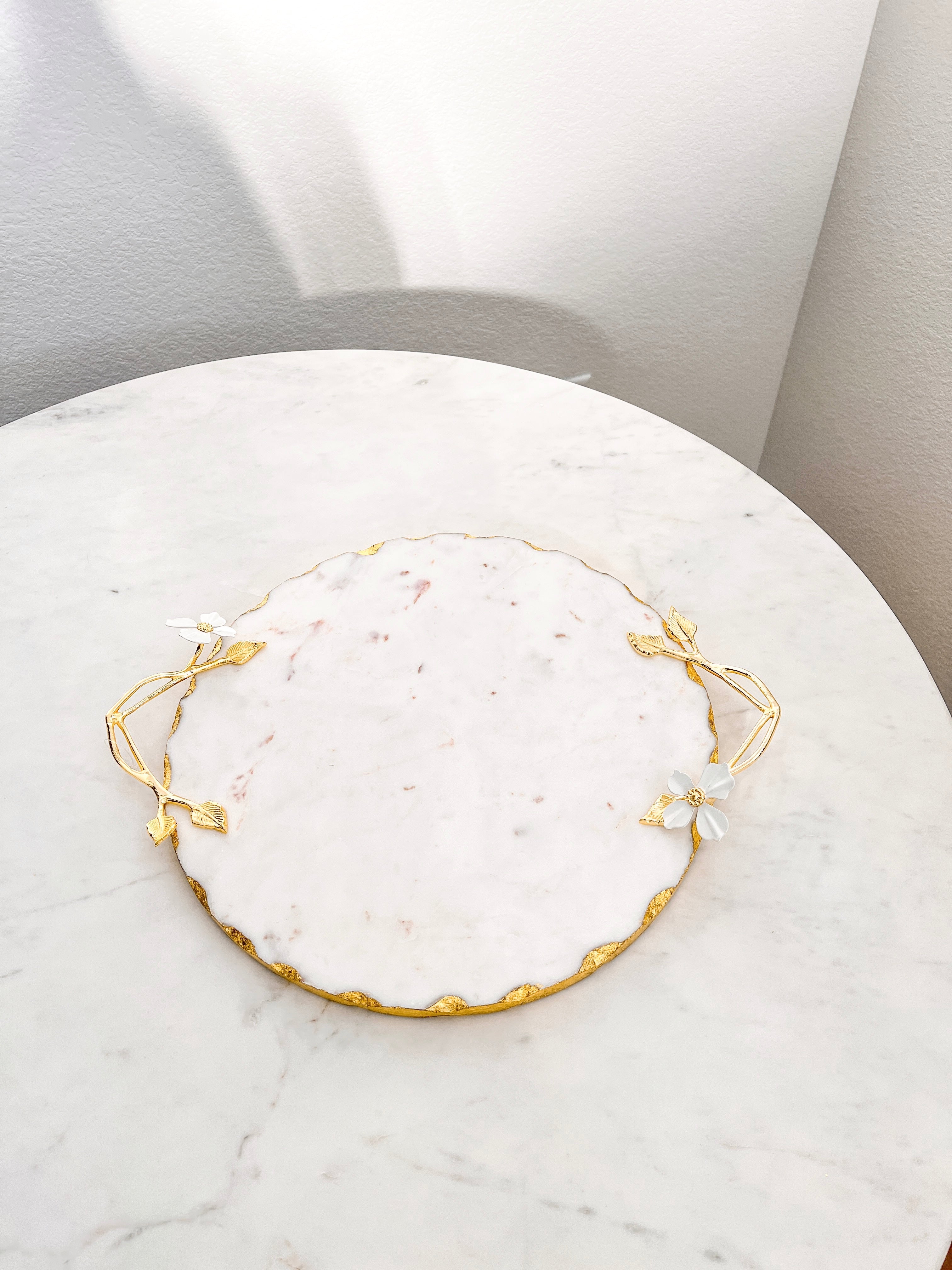 Round Marble Tray with White Jasmine Flower - HTS HOME DECOR