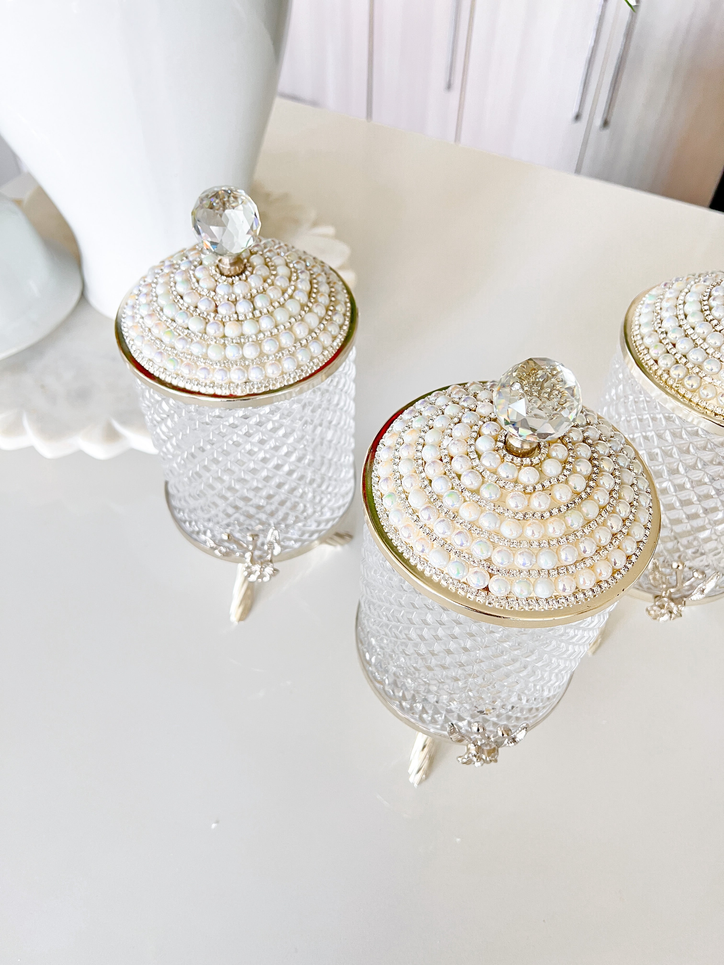Silver Glass Canister with Jeweled Lids ( Set of 3) - HTS HOME DECOR