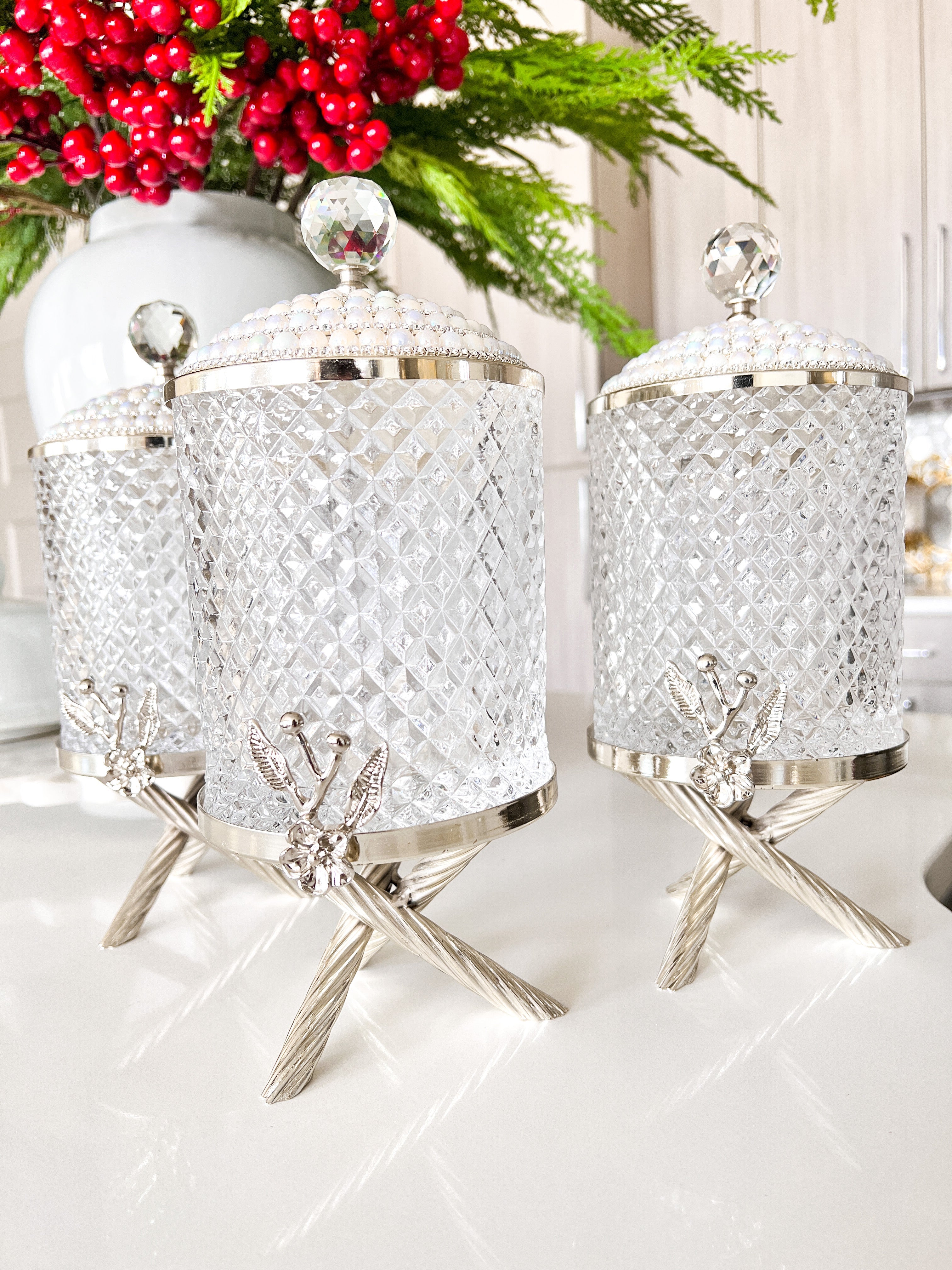 Silver Glass Canister with Jeweled Lids ( Set of 3) - HTS HOME DECOR