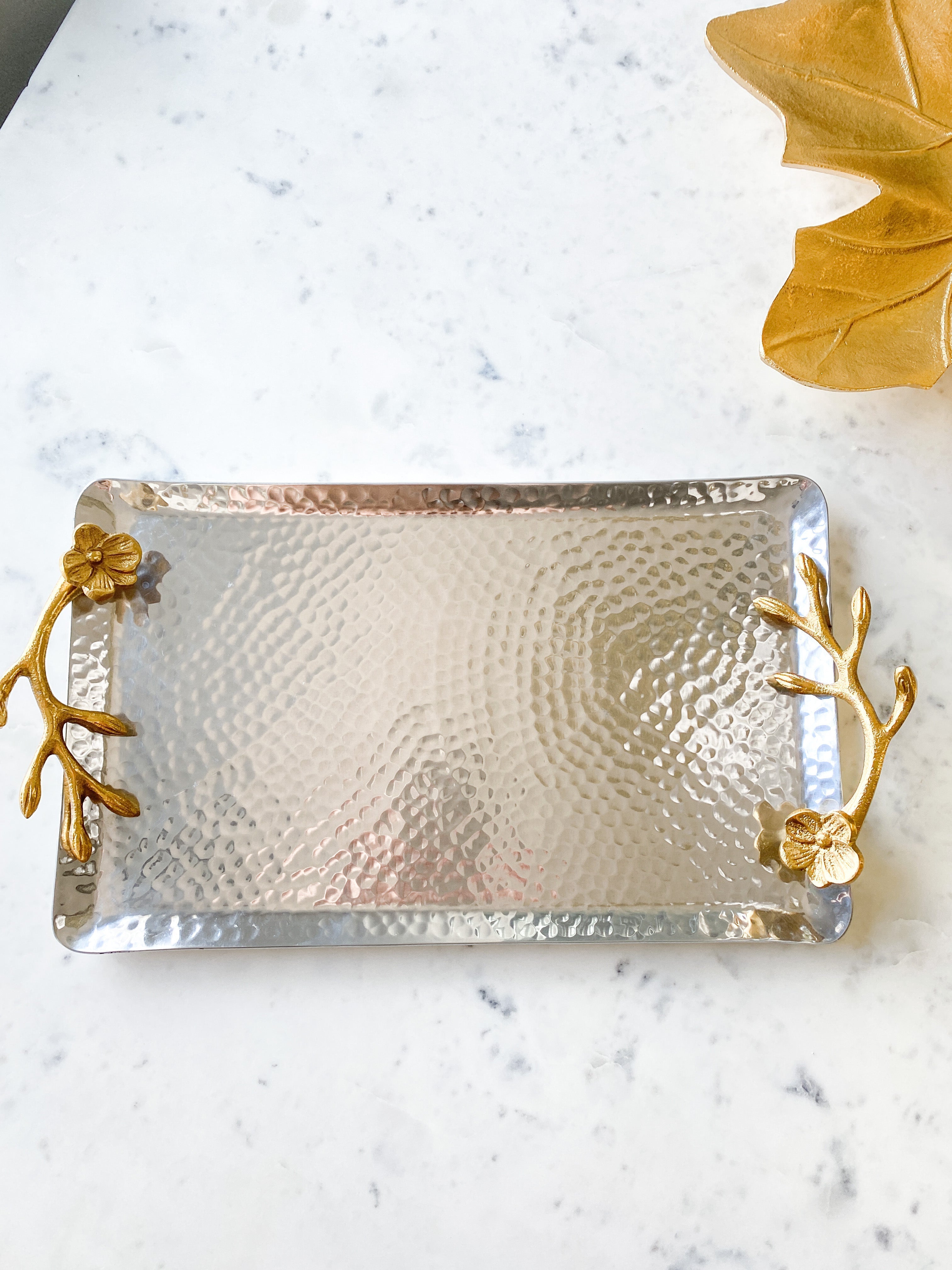 Silver Hammered Tray with Gold Handles - HTS HOME DECOR