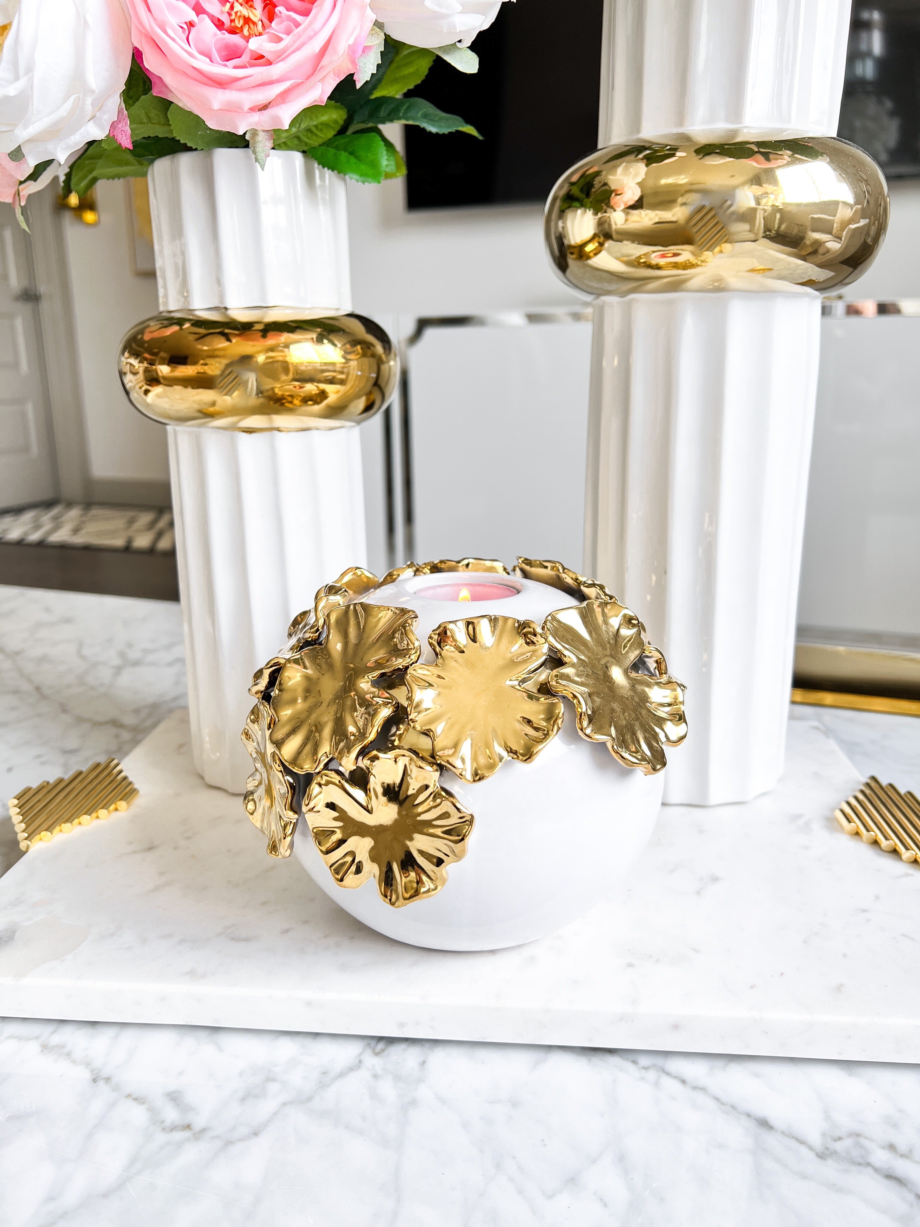 Tealight Holder with Gold Flower Details - HTS HOME DECOR