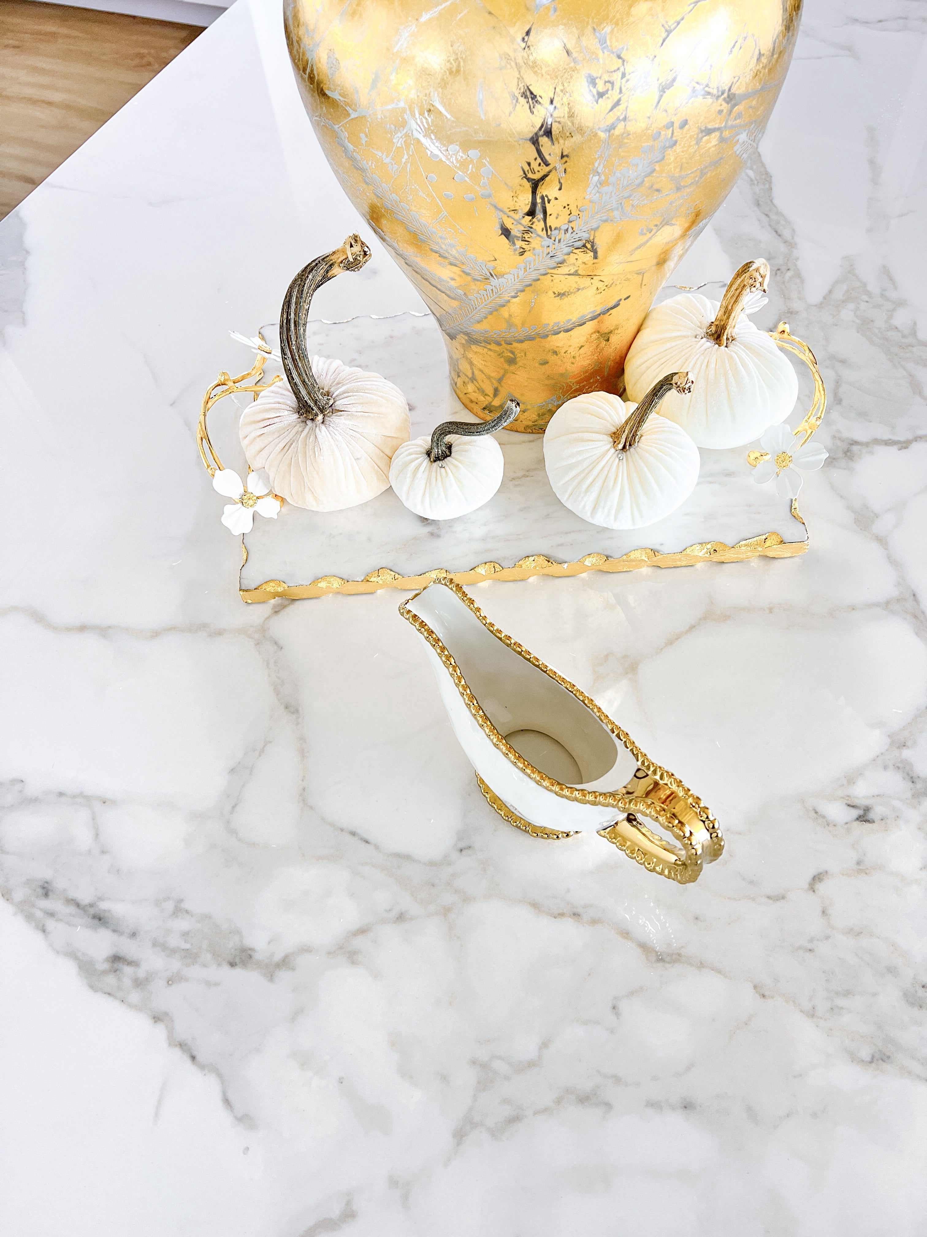 White and Gold Beaded Gravy Boat - HTS HOME DECOR