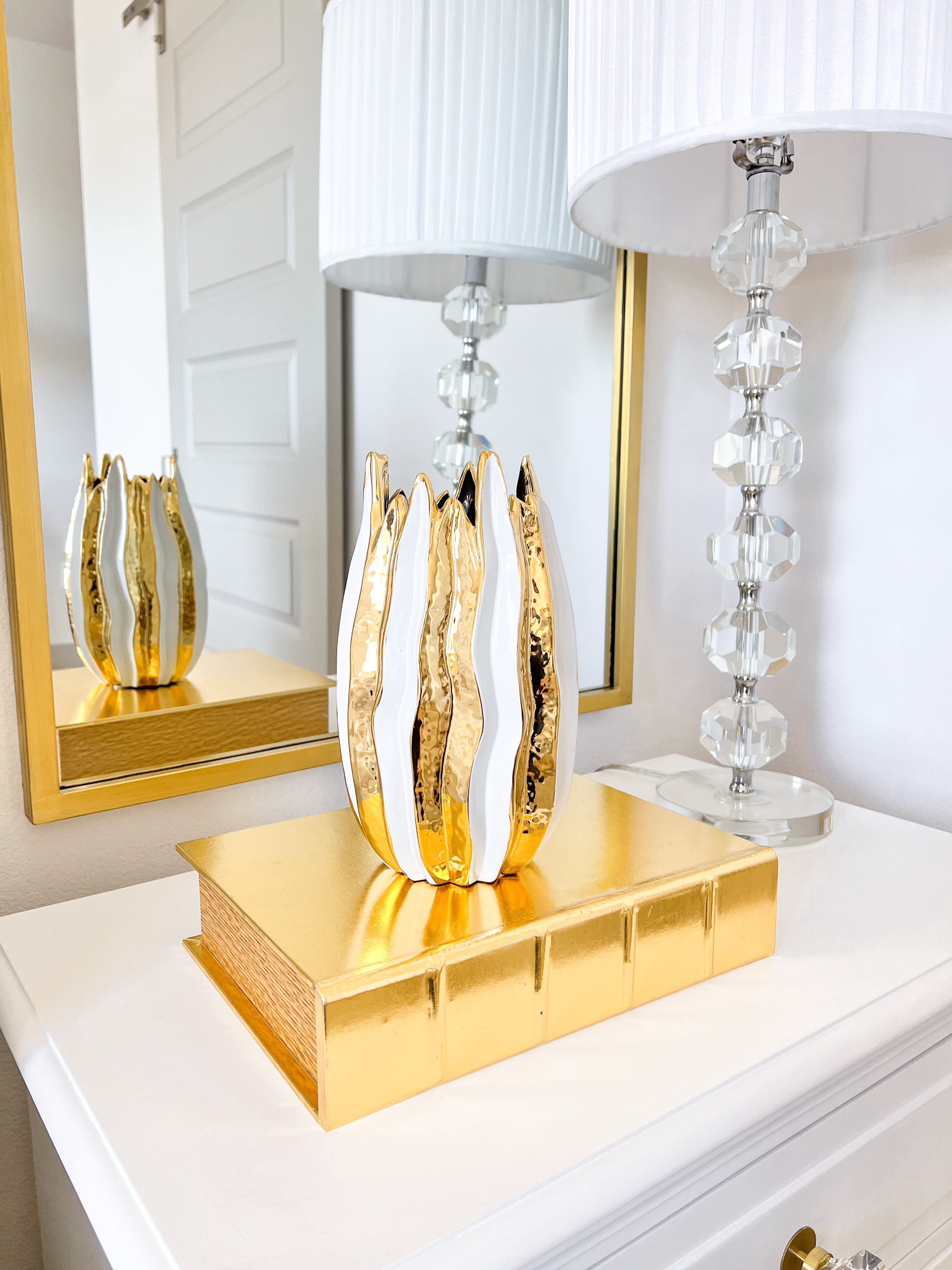 White and Gold Ceramic Striped Vase - HTS HOME DECOR