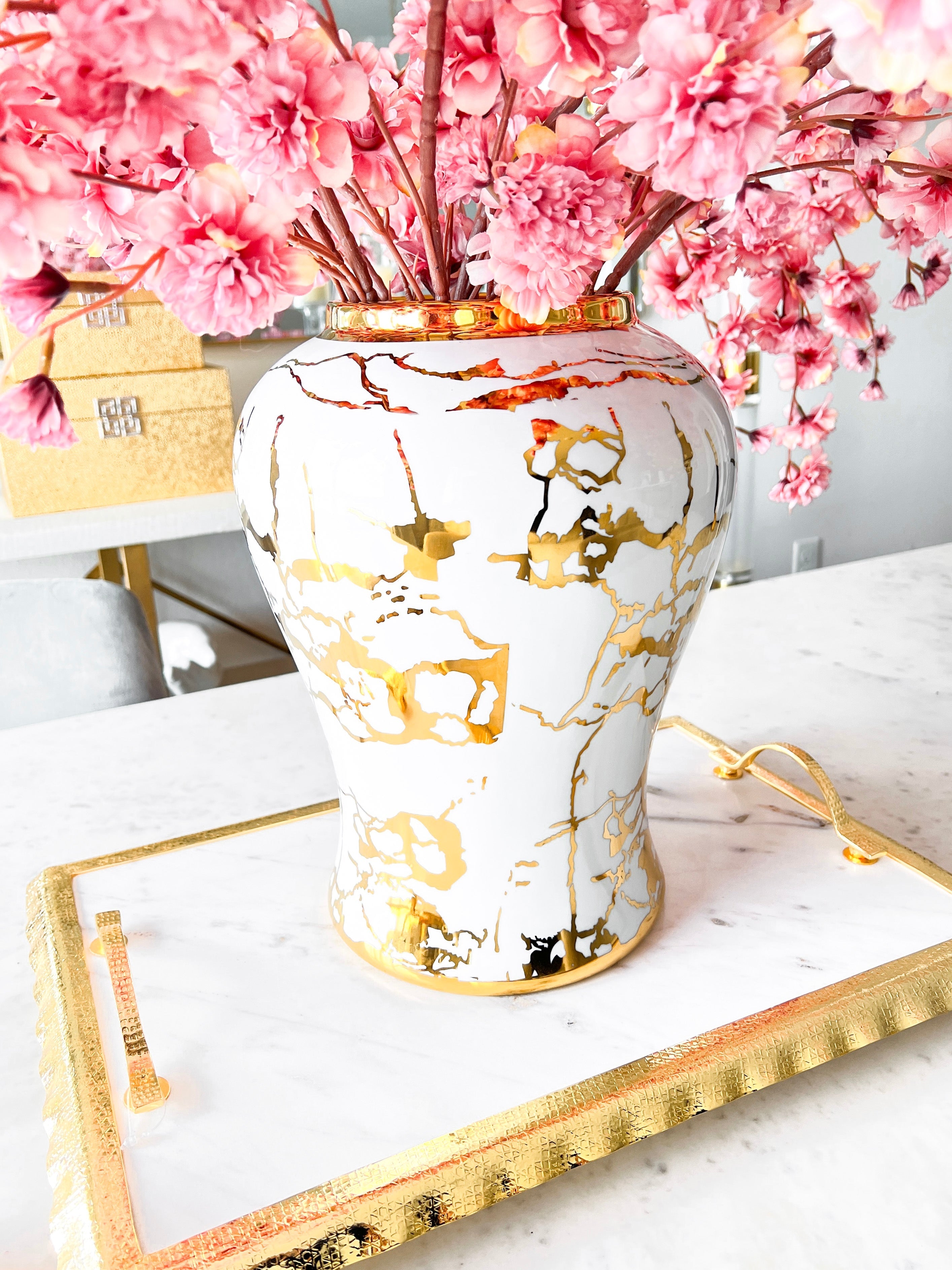 White and Gold Pattern Ginger Jar - HTS HOME DECOR