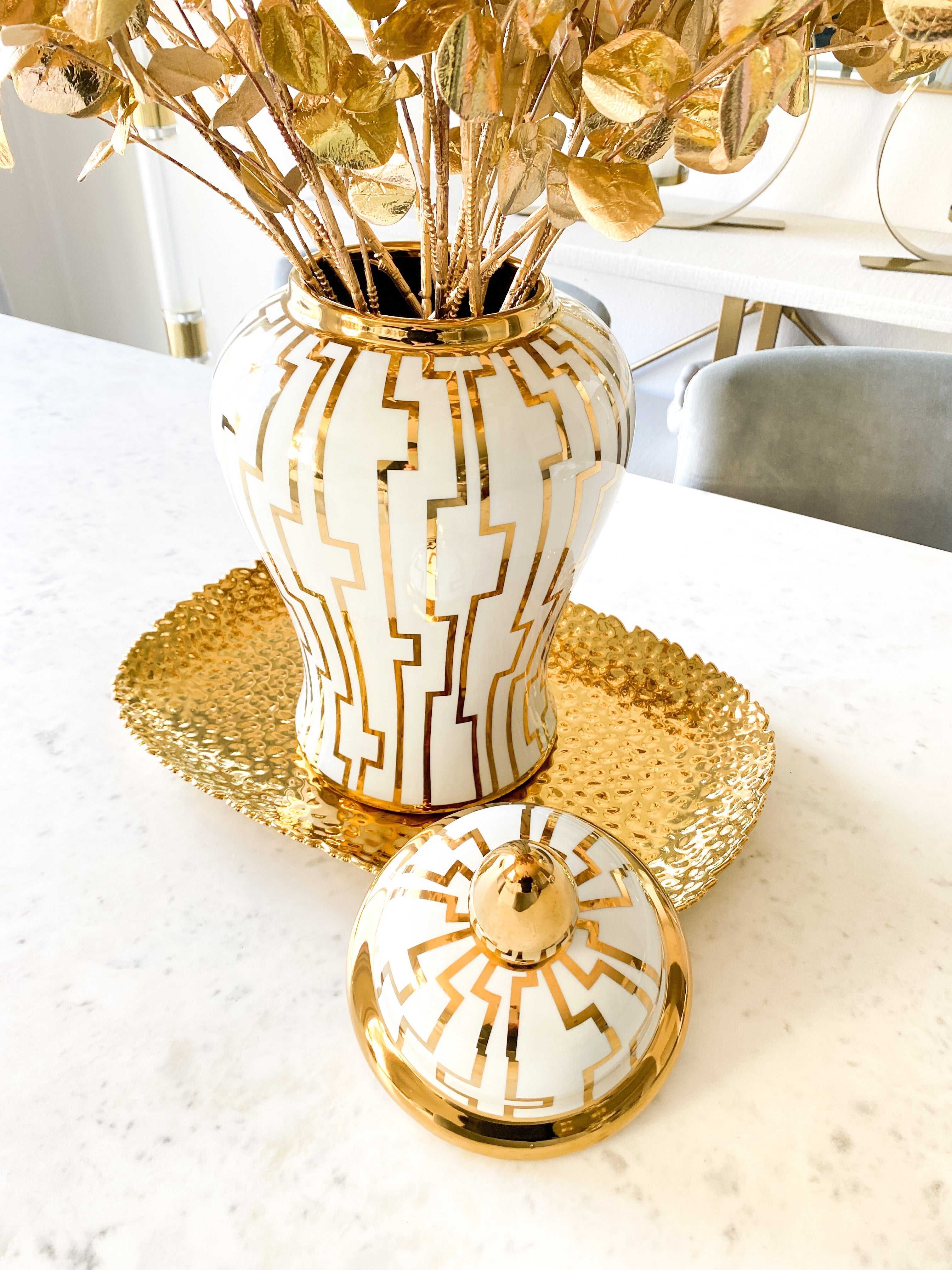 White and Gold Pattern Ginger Jar - HTS HOME DECOR