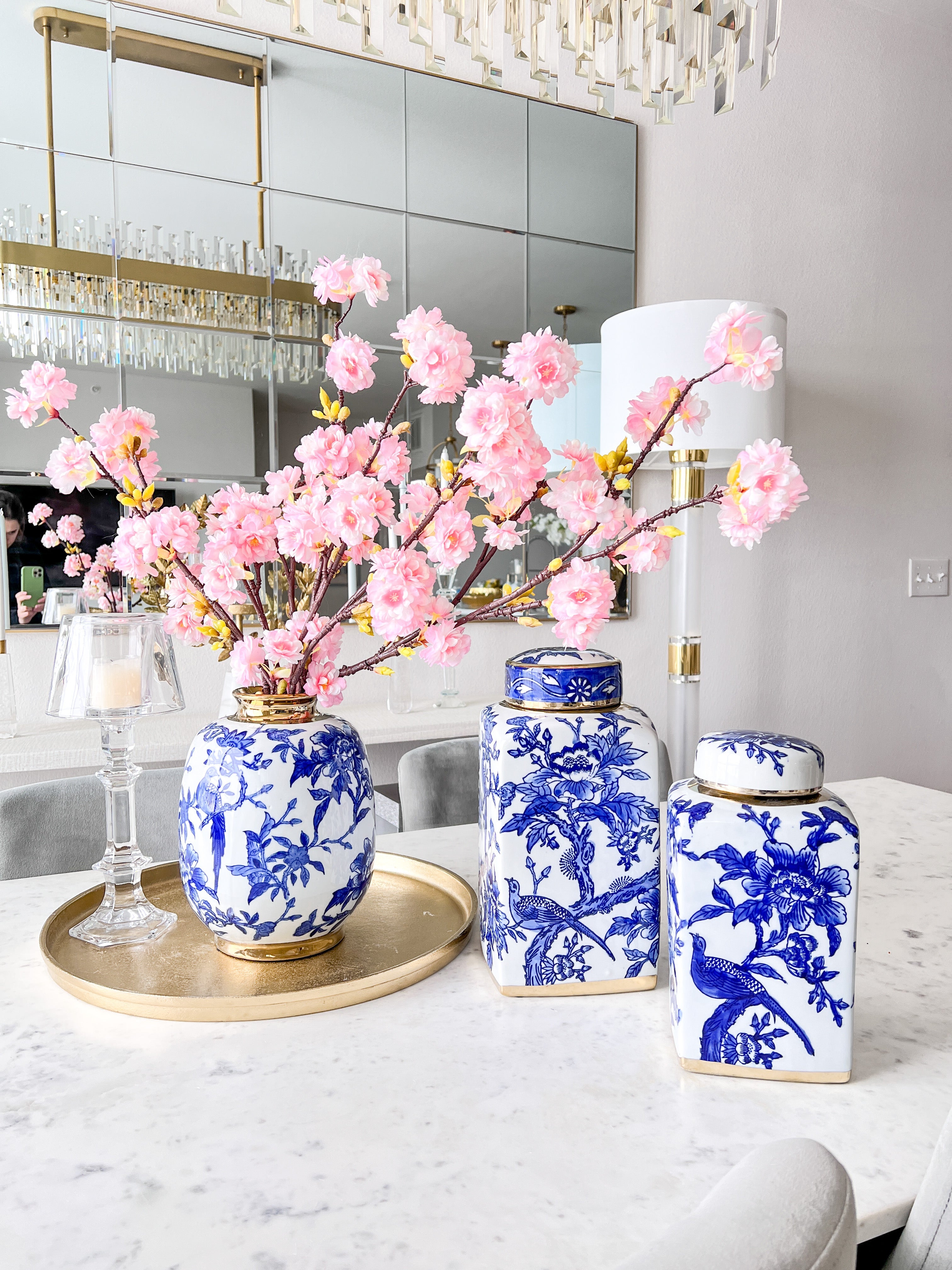 White & Blue Ceramic Jars with Gold Trim - HTS HOME DECOR