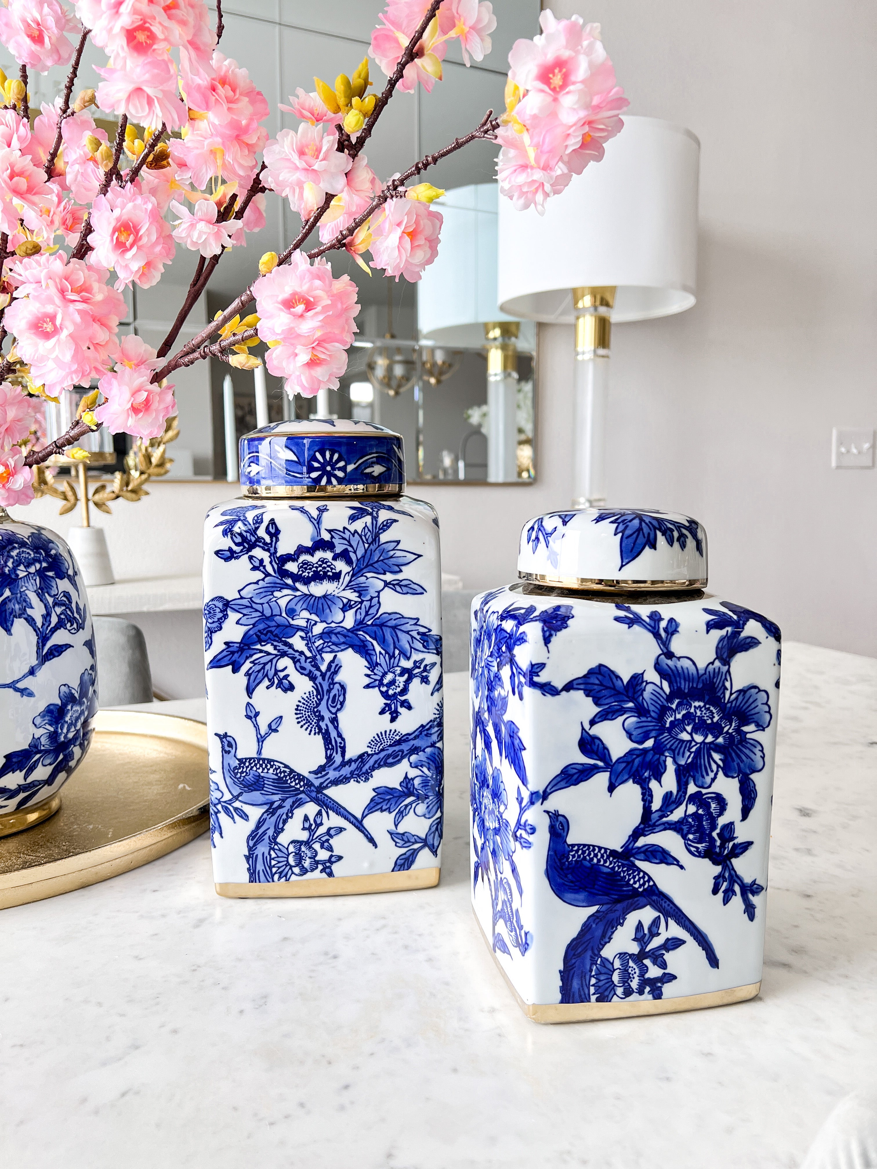 White & Blue Ceramic Jars with Gold Trim - HTS HOME DECOR