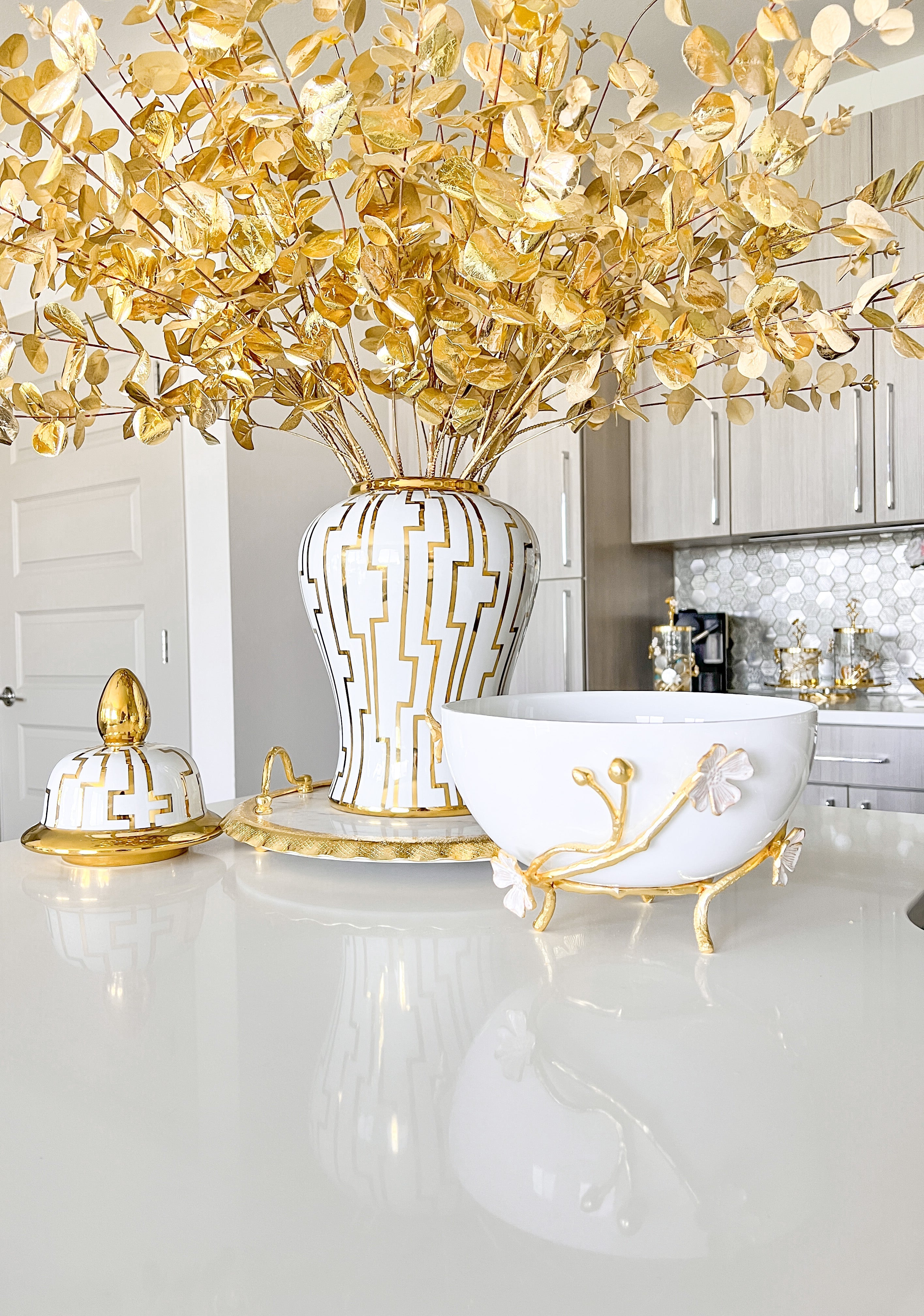 White Glass Bowl with Gold Floral Details - HTS HOME DECOR