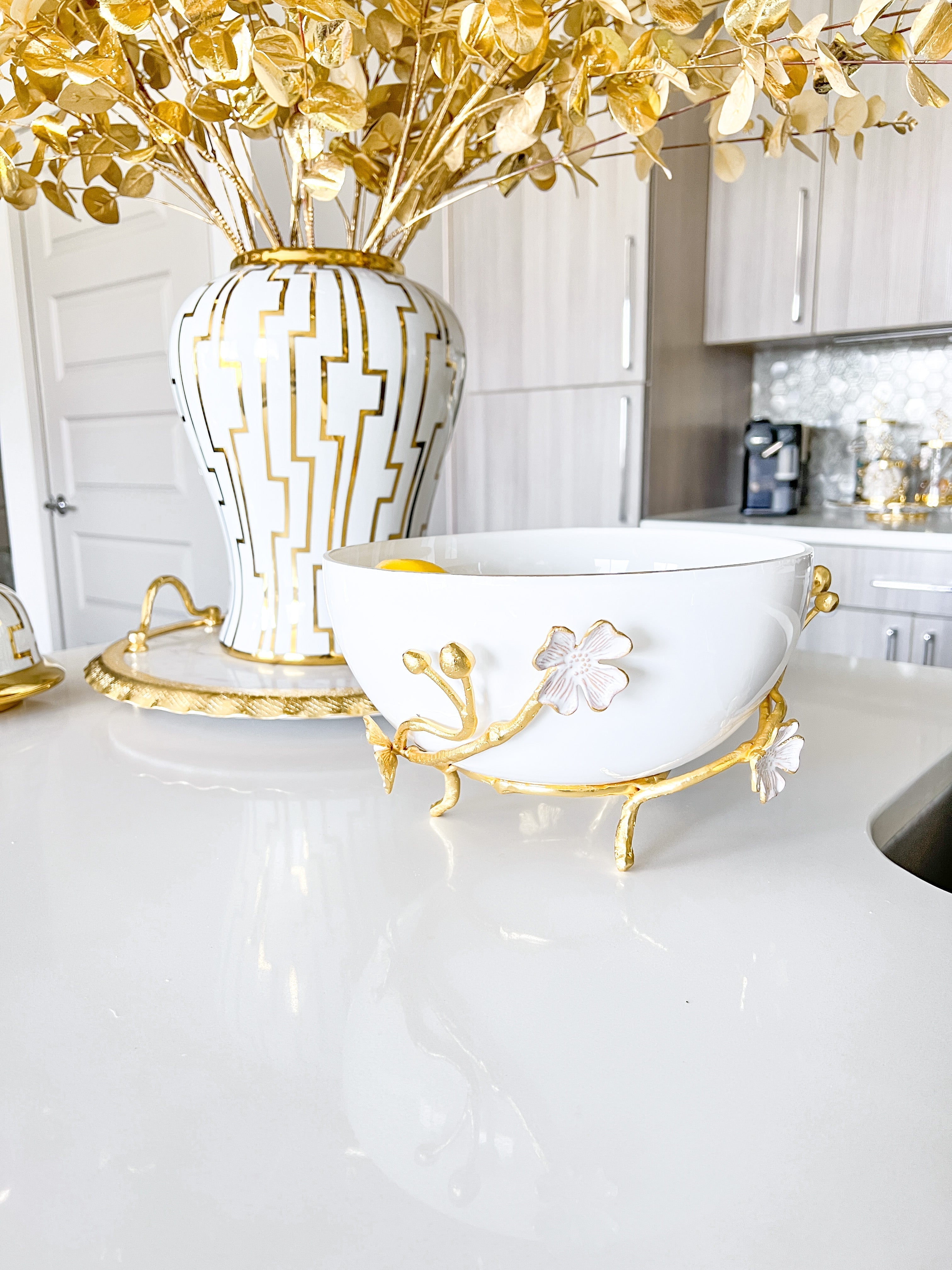 White Glass Bowl with Gold Floral Details - HTS HOME DECOR