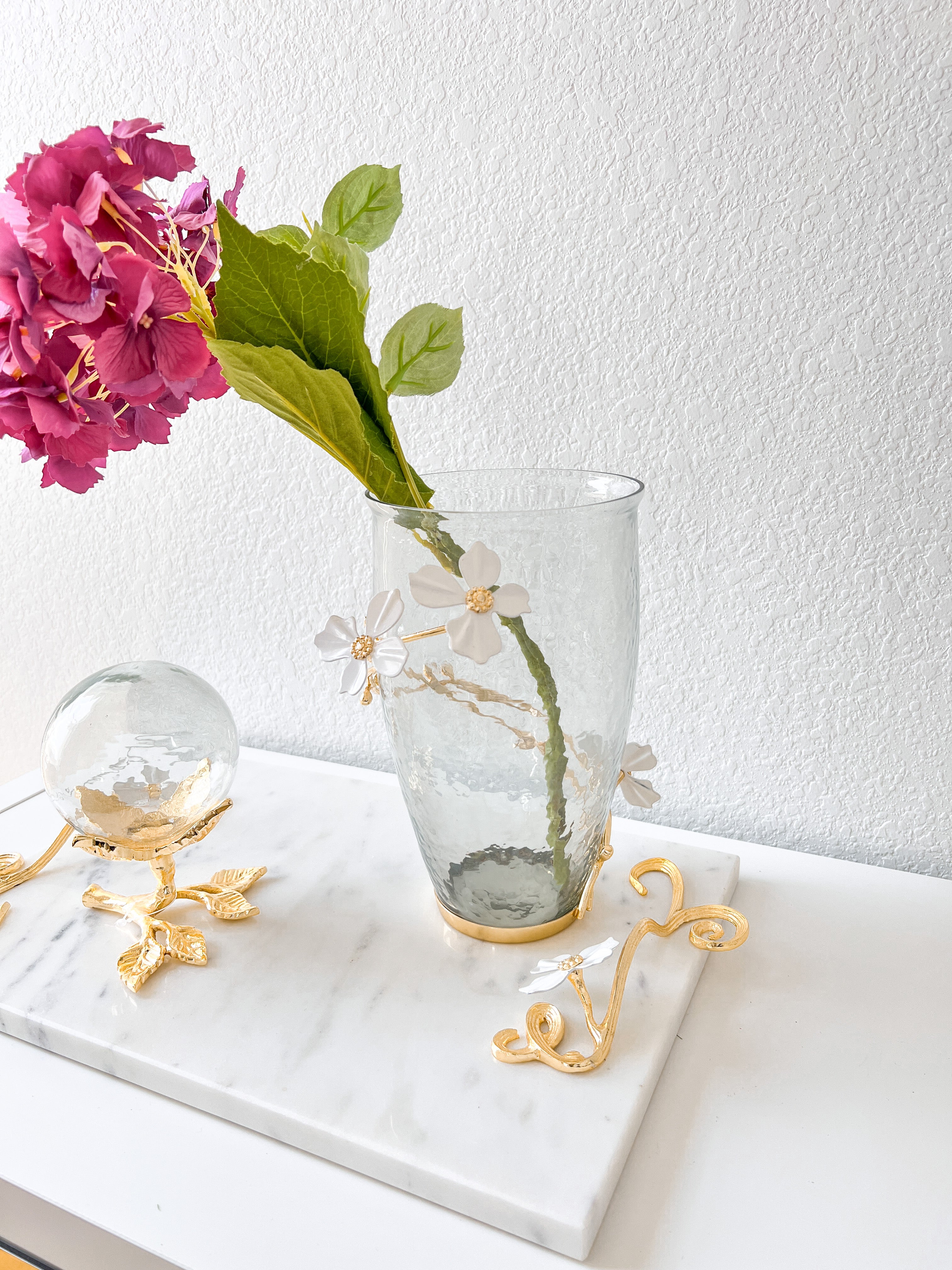 White Glass Vase with Jasmine Flower Details - HTS HOME DECOR