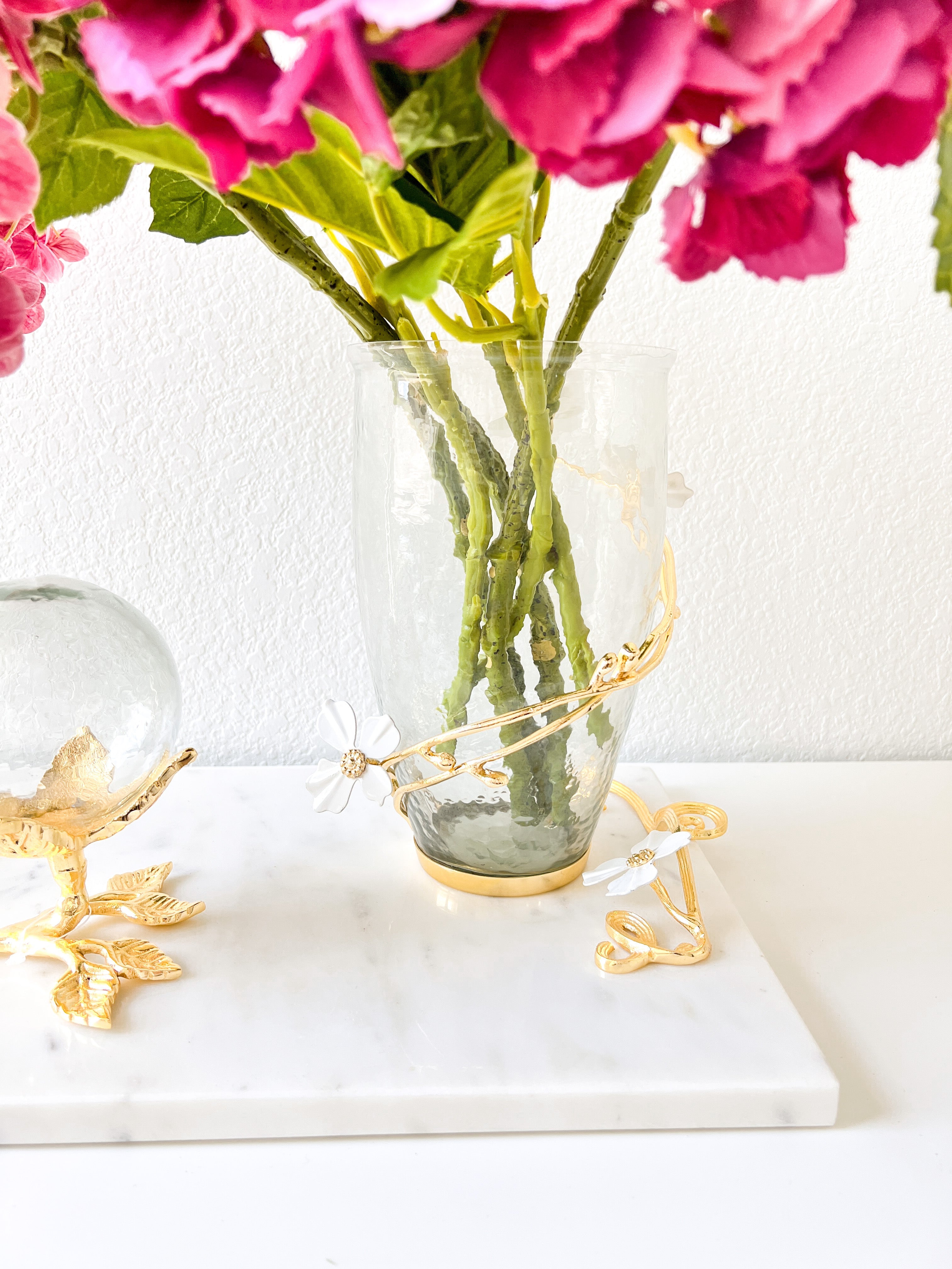 White Glass Vase with Jasmine Flower Details - HTS HOME DECOR