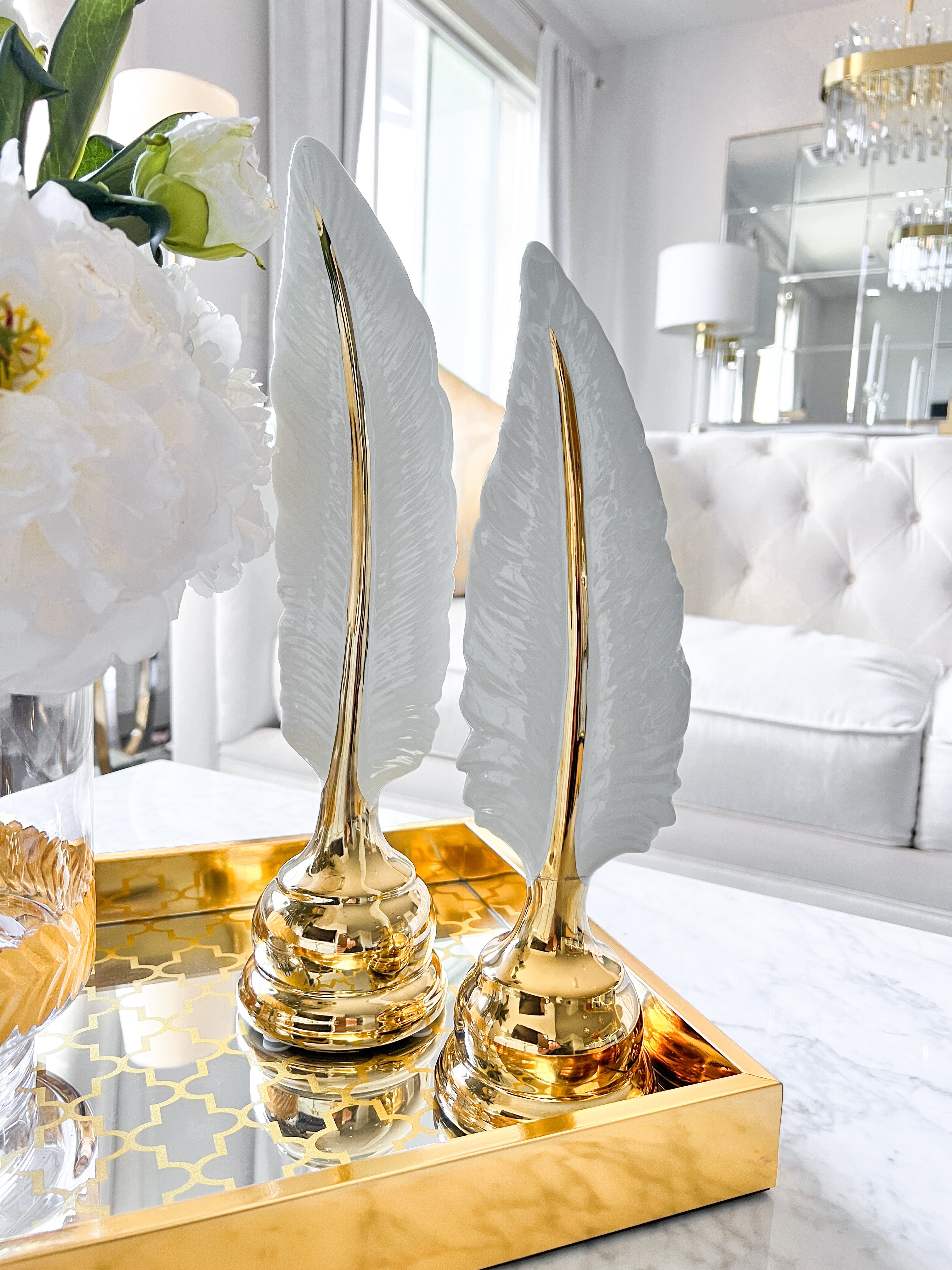 White & Gold Decorative Feather Sculpture (Set of 2) - HTS HOME DECOR