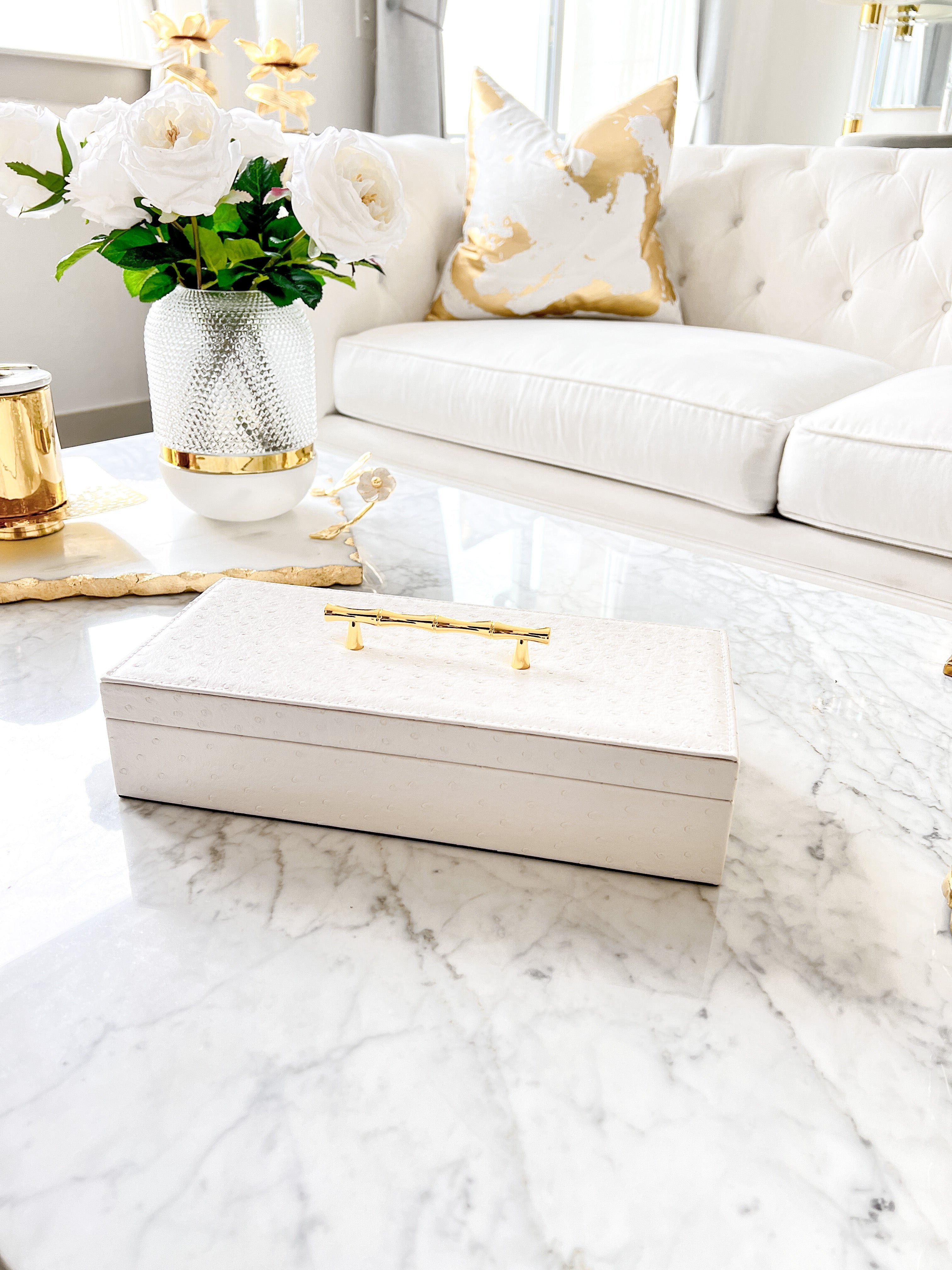 White Leather Decorative Box with Gold Handle - HTS HOME DECOR