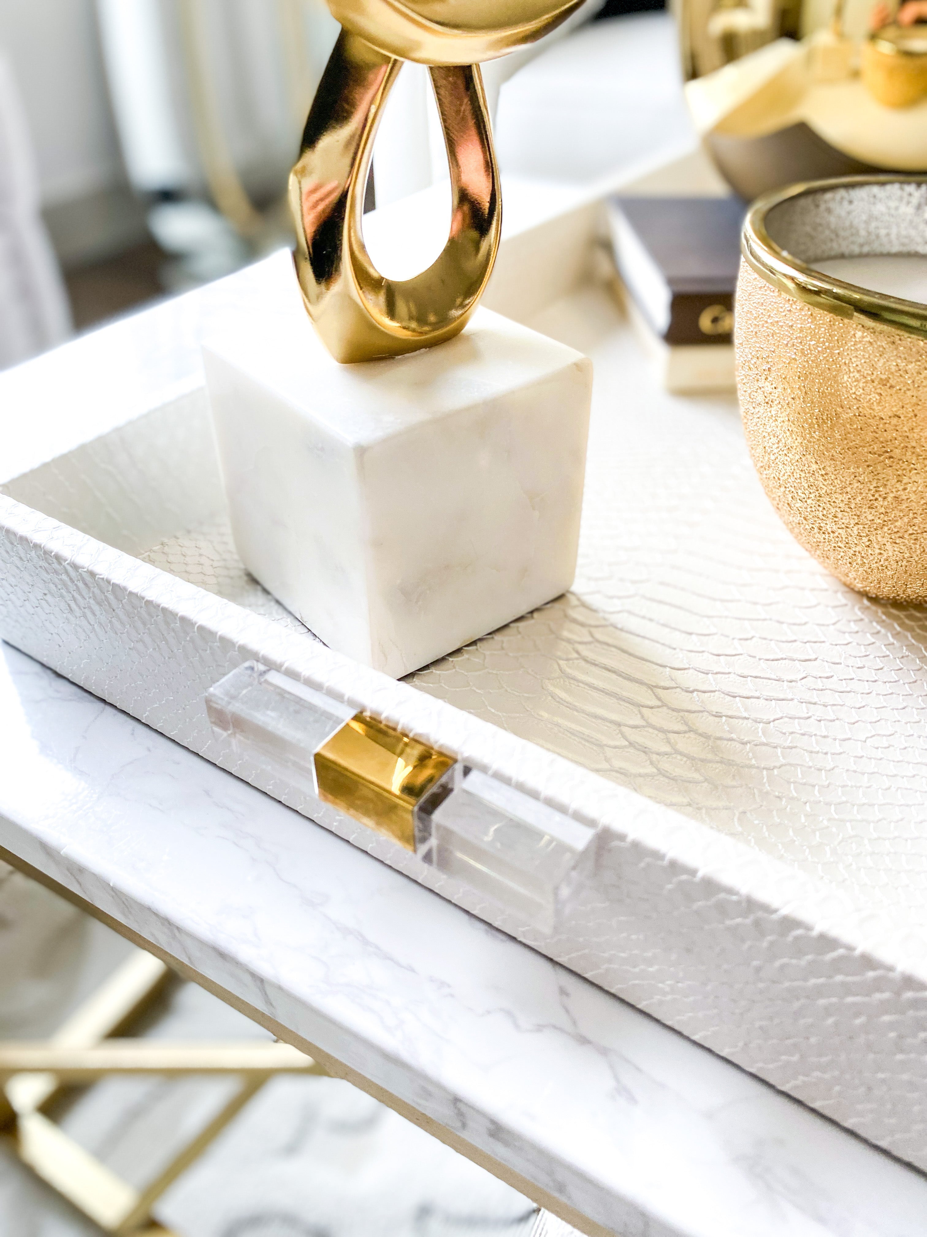 White Leather Tray with Gold Acrylic Handles - HTS HOME DECOR