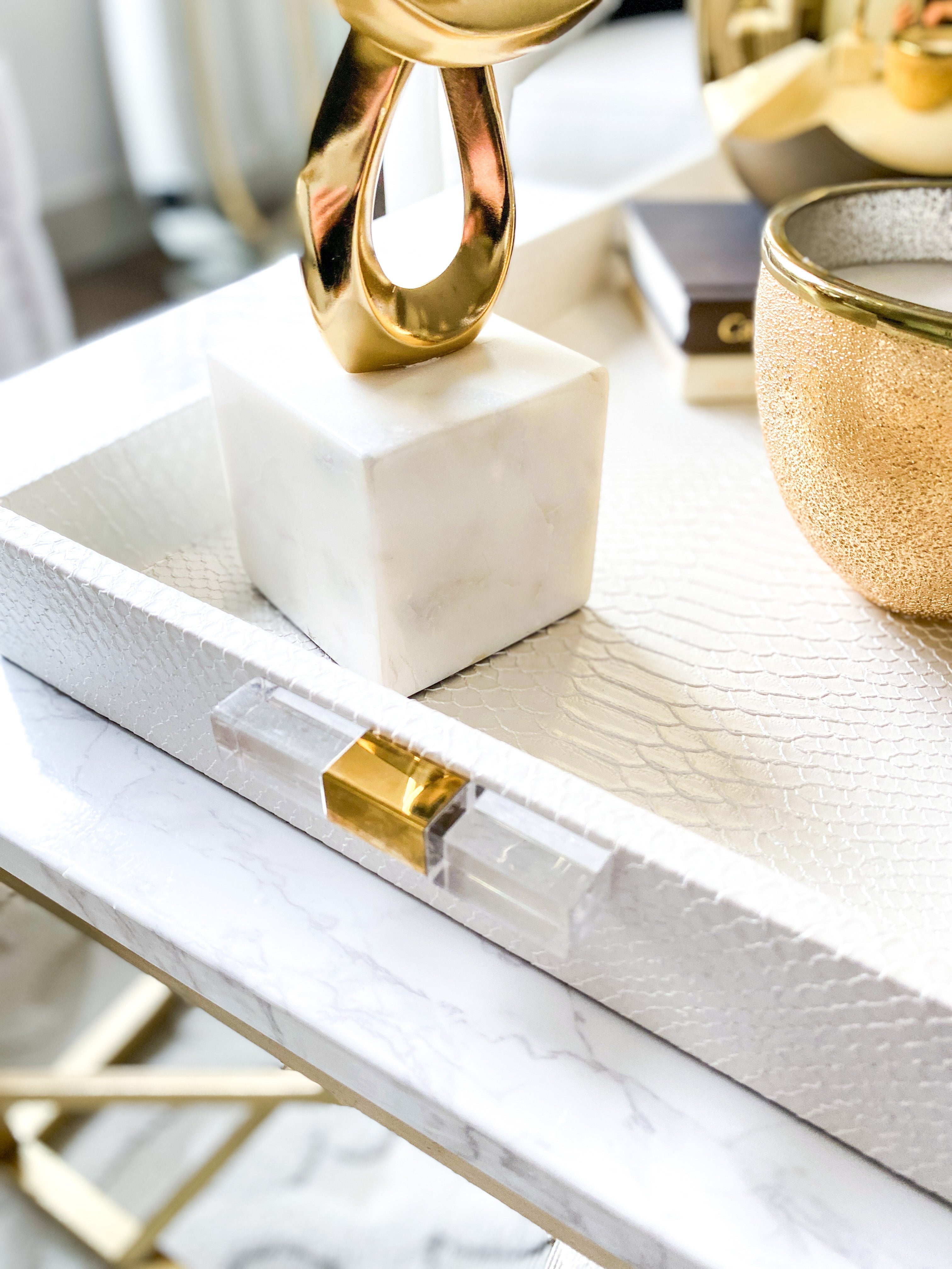 White Leather Tray with Gold Acrylic Handles Set of 2 by HTS Decor White Leather Tray with Gold Acrylic Handles Set of 2 by HTS Decor
